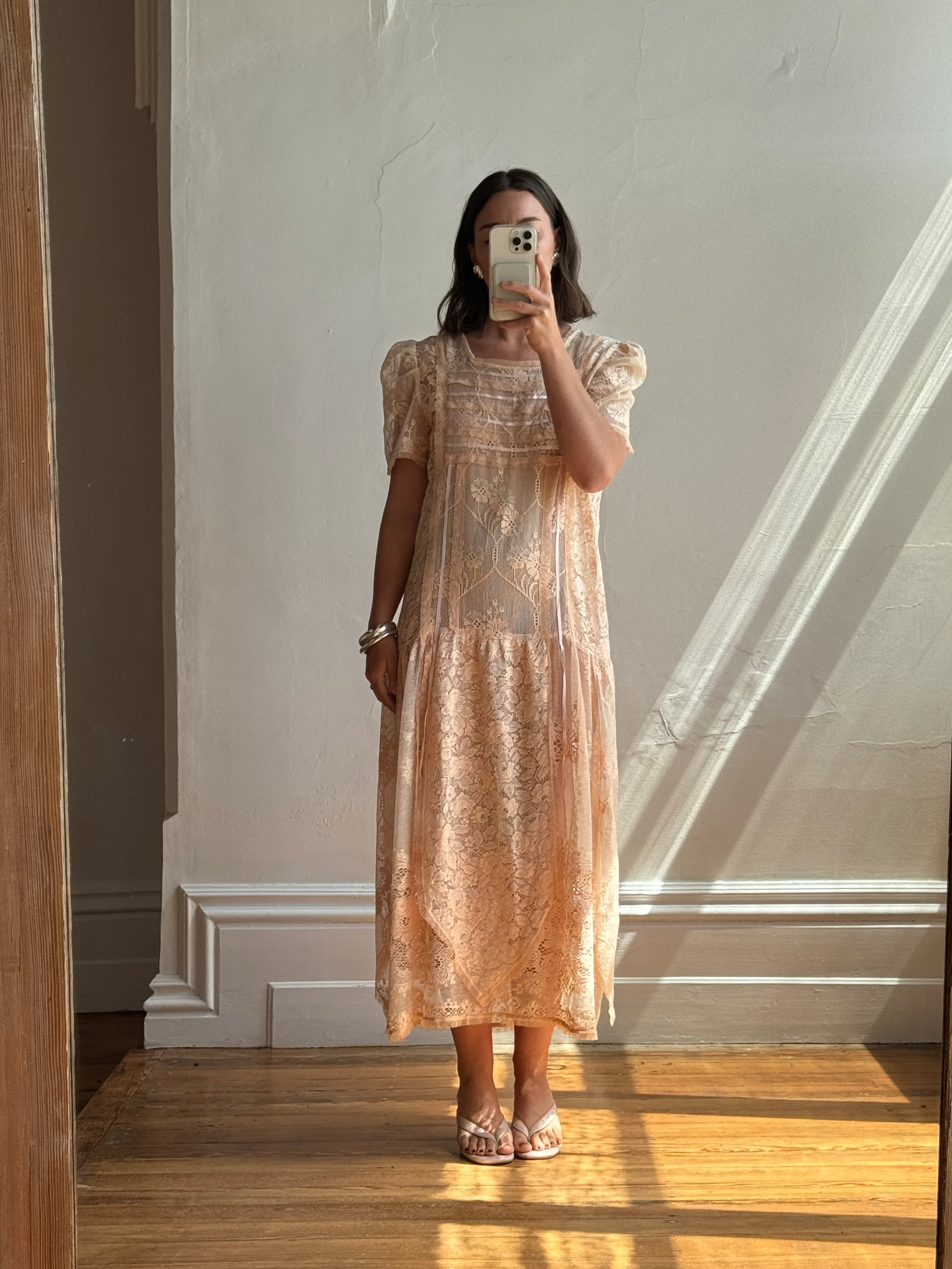 Vintage 70s Peach Cotton Lace Drop Waist Dress