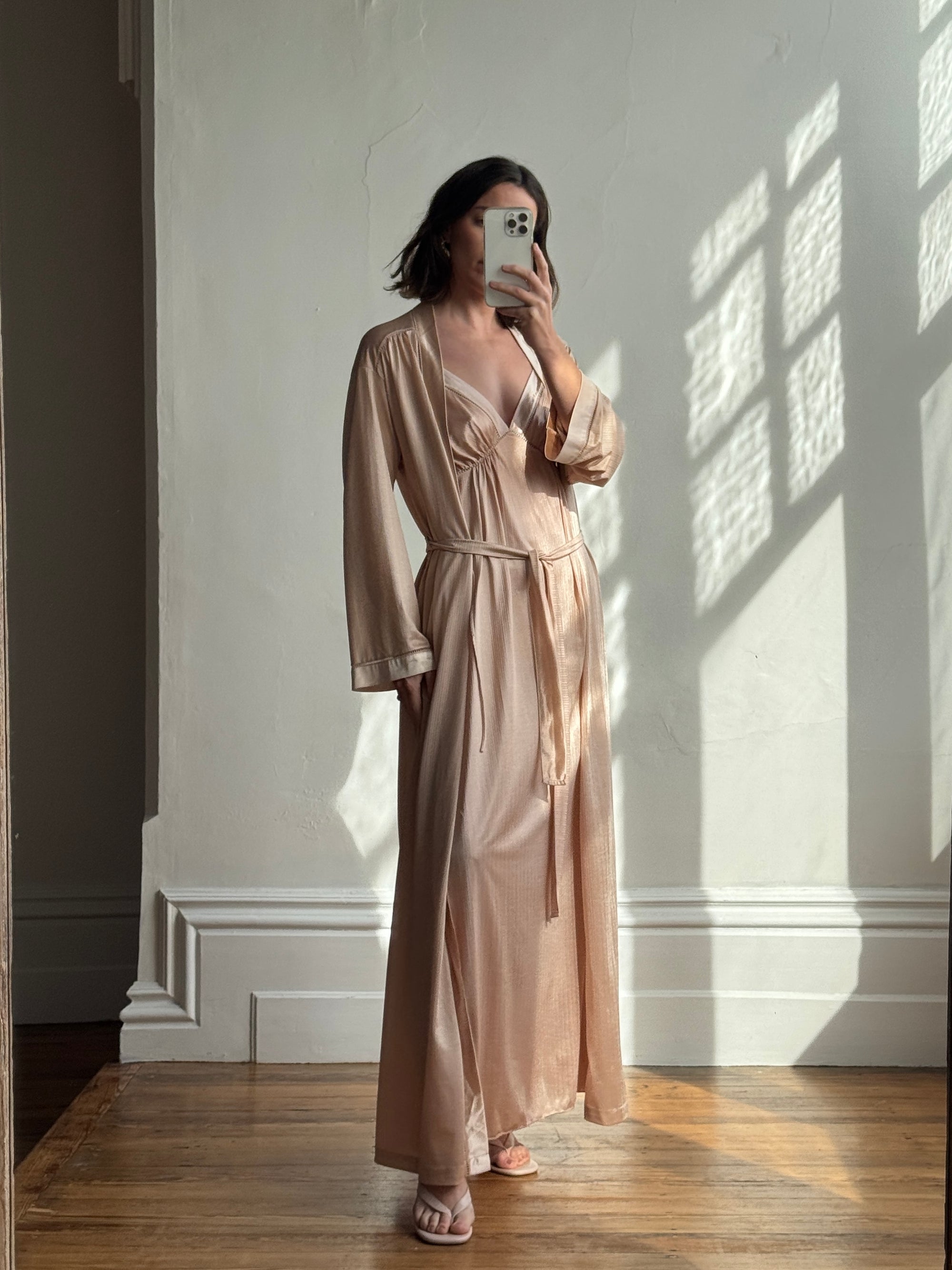 Vintage 80s Champagne Peach Robe and Slip Set