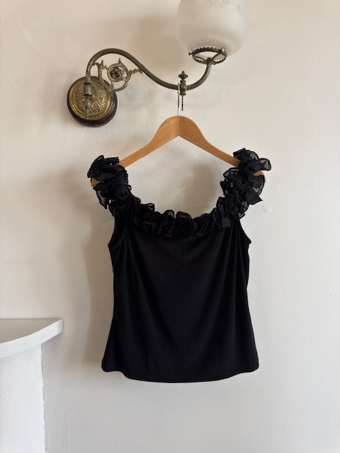 Vintage 90s Jersey Ruffle Off the Shoulder Top Noir – Call Me The