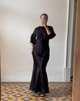 Vintage 30s Black Satin Backless ZigZag Fishtail Dress