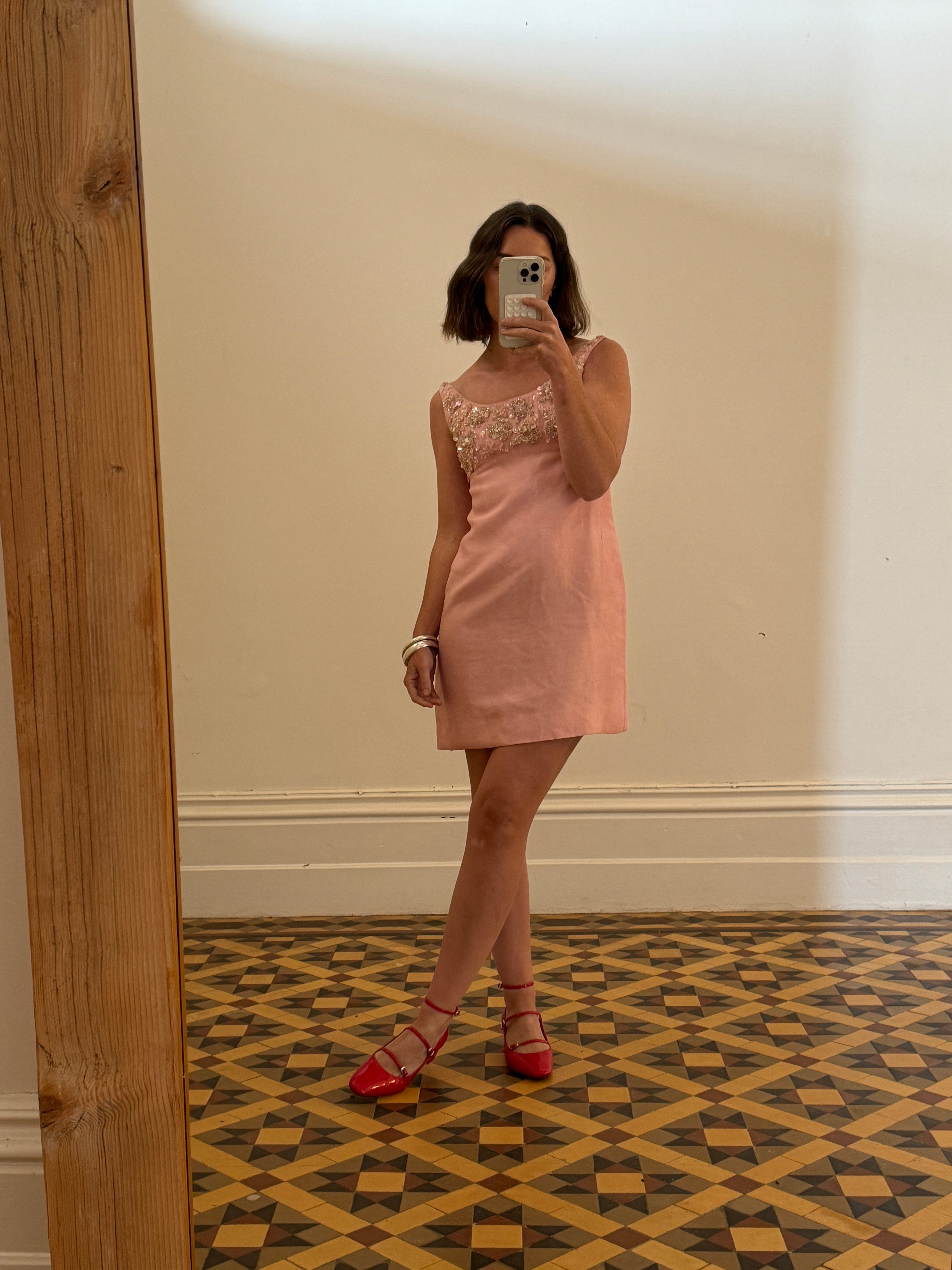 Vintage 60s Beaded Mod Mini Dress Candy Pink