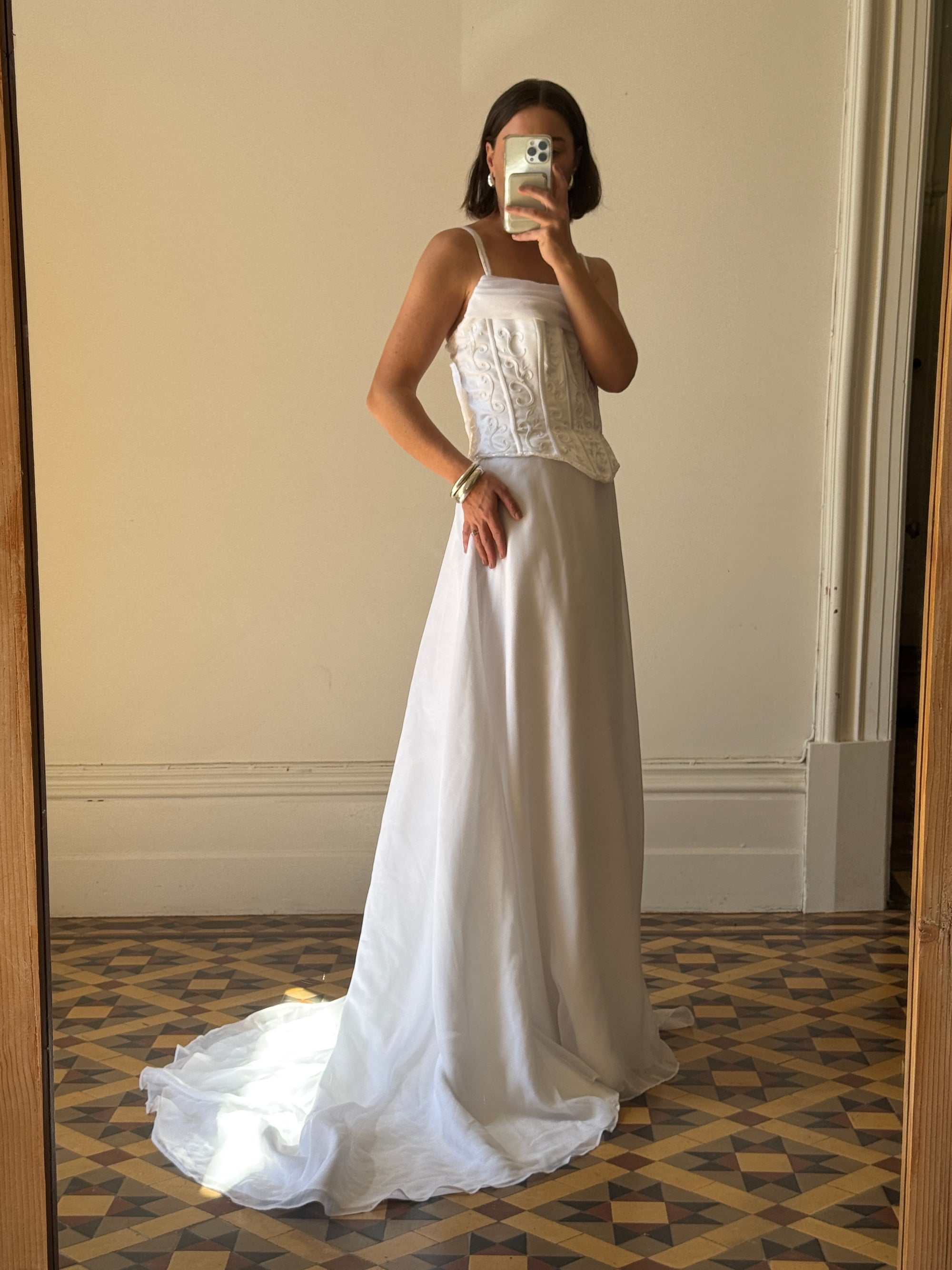 Vintage 90s Embroidered Corset Cowl Neck Wedding Dress
