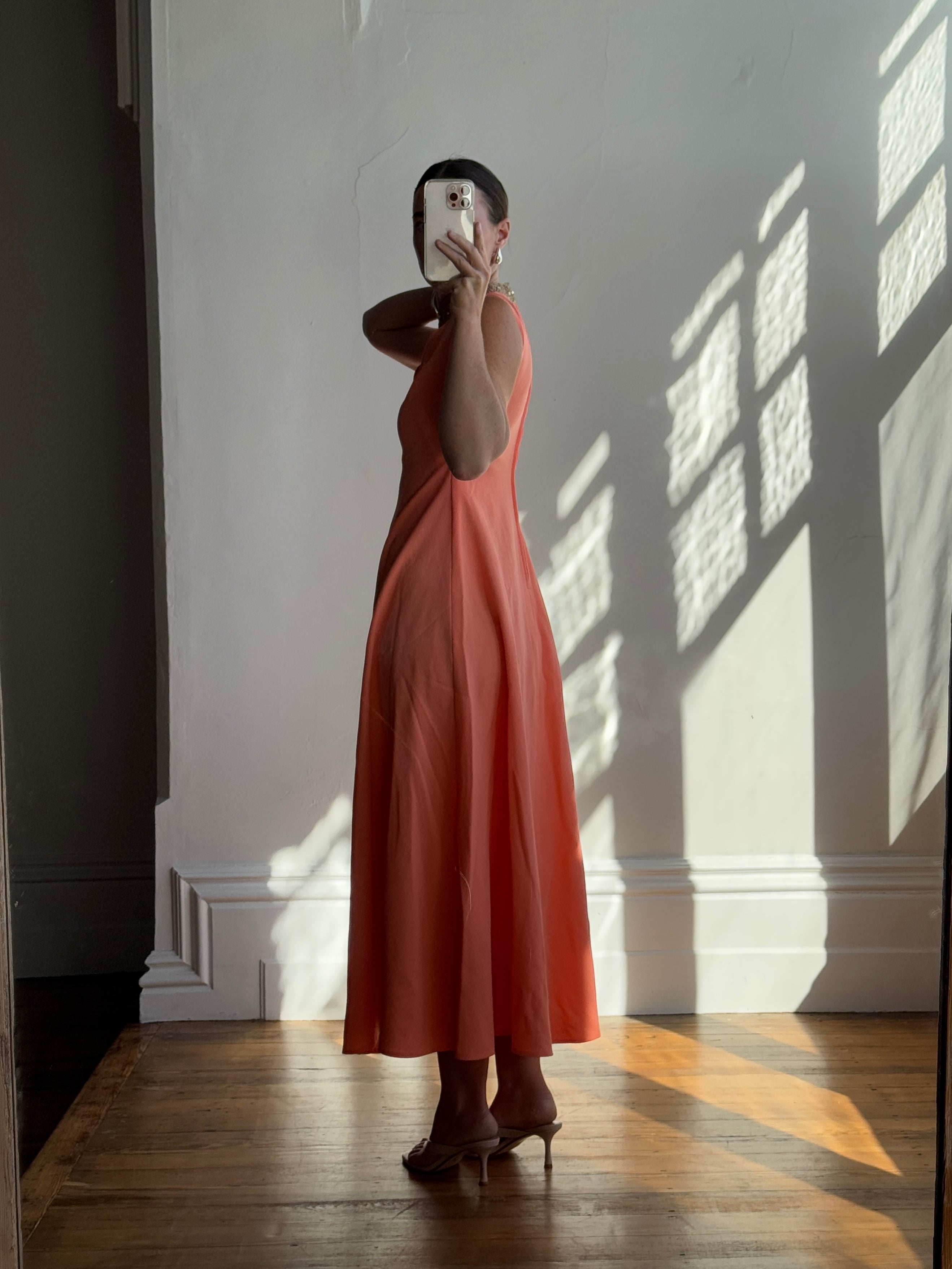 Vintage 70s Rhinestone Collared Sleeveless Dress Coral