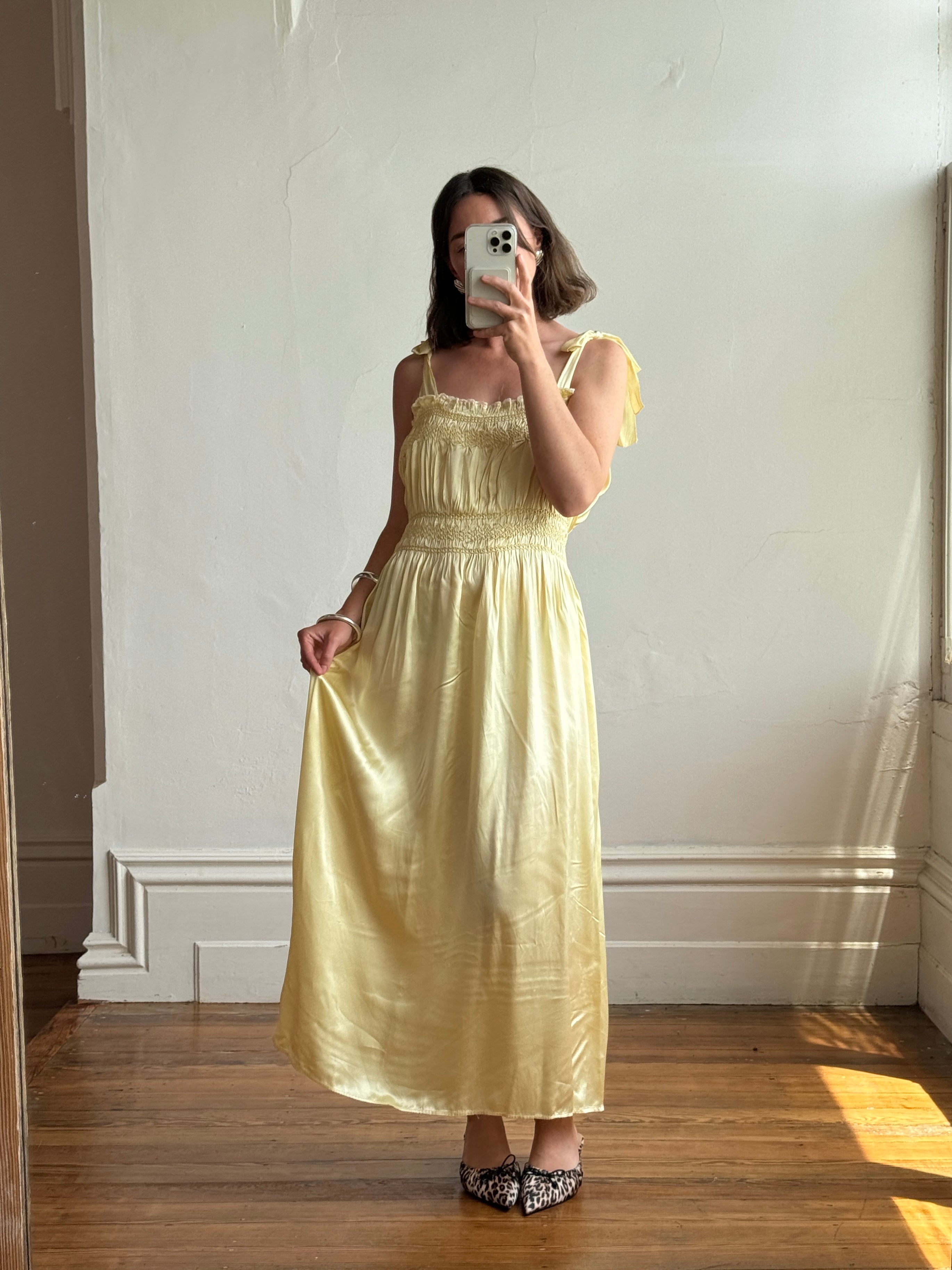 Vintage 40s Liquid Satin Shirred Dress With Ribbon Ties Yellow