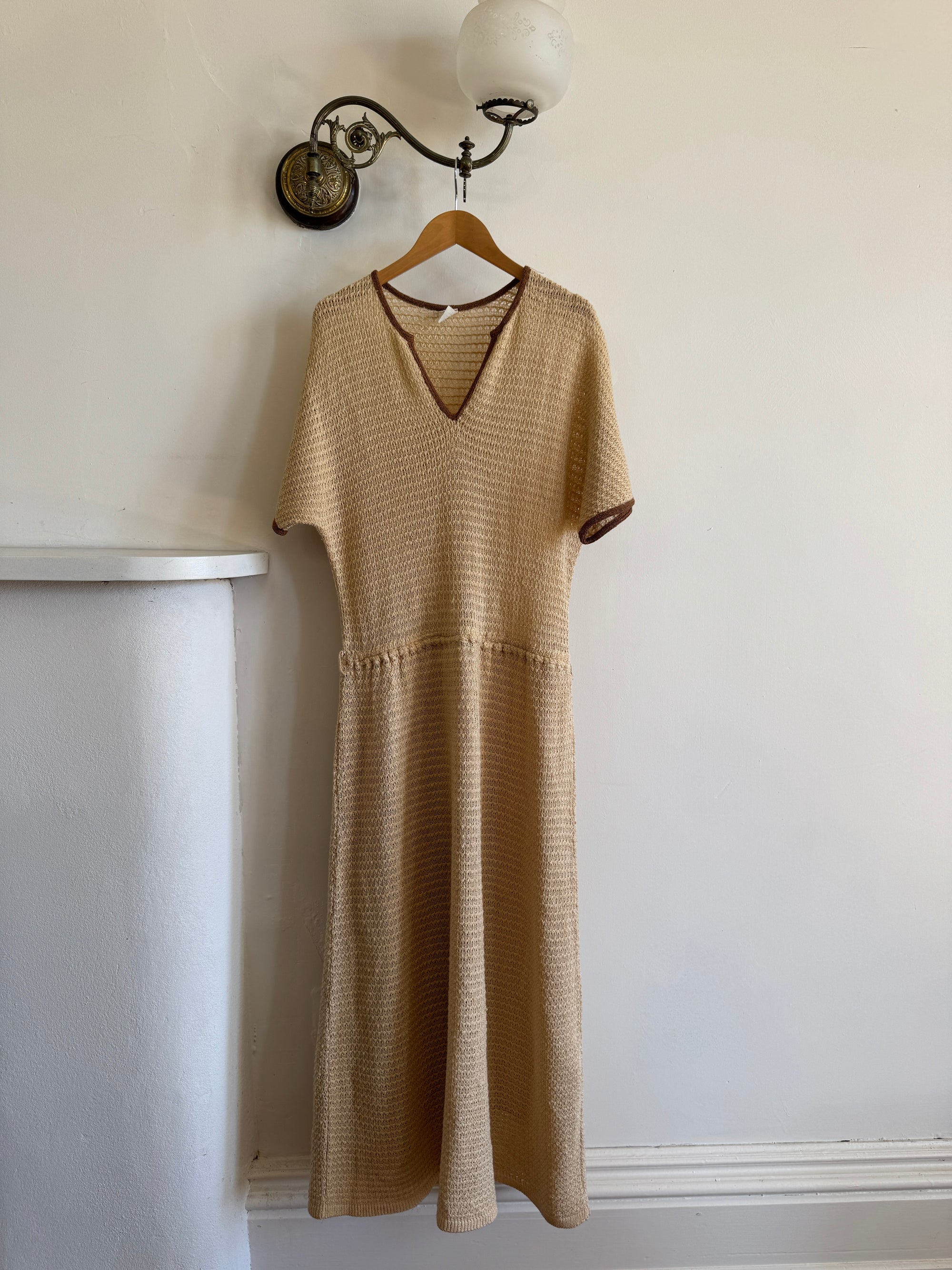 Vintage 70s Silk Blend Crochet Knit Drop Waist Maxi Dress