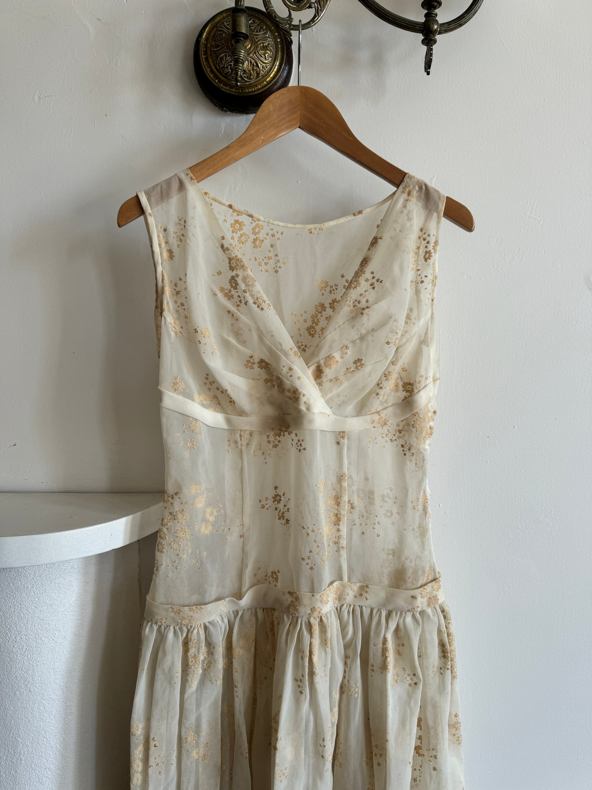 Vintage 50s Flocked Nylon Organza Drop Waist Dress Creme Brulee