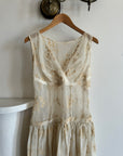 Vintage 50s Flocked Nylon Organza Drop Waist Dress Creme Brulee