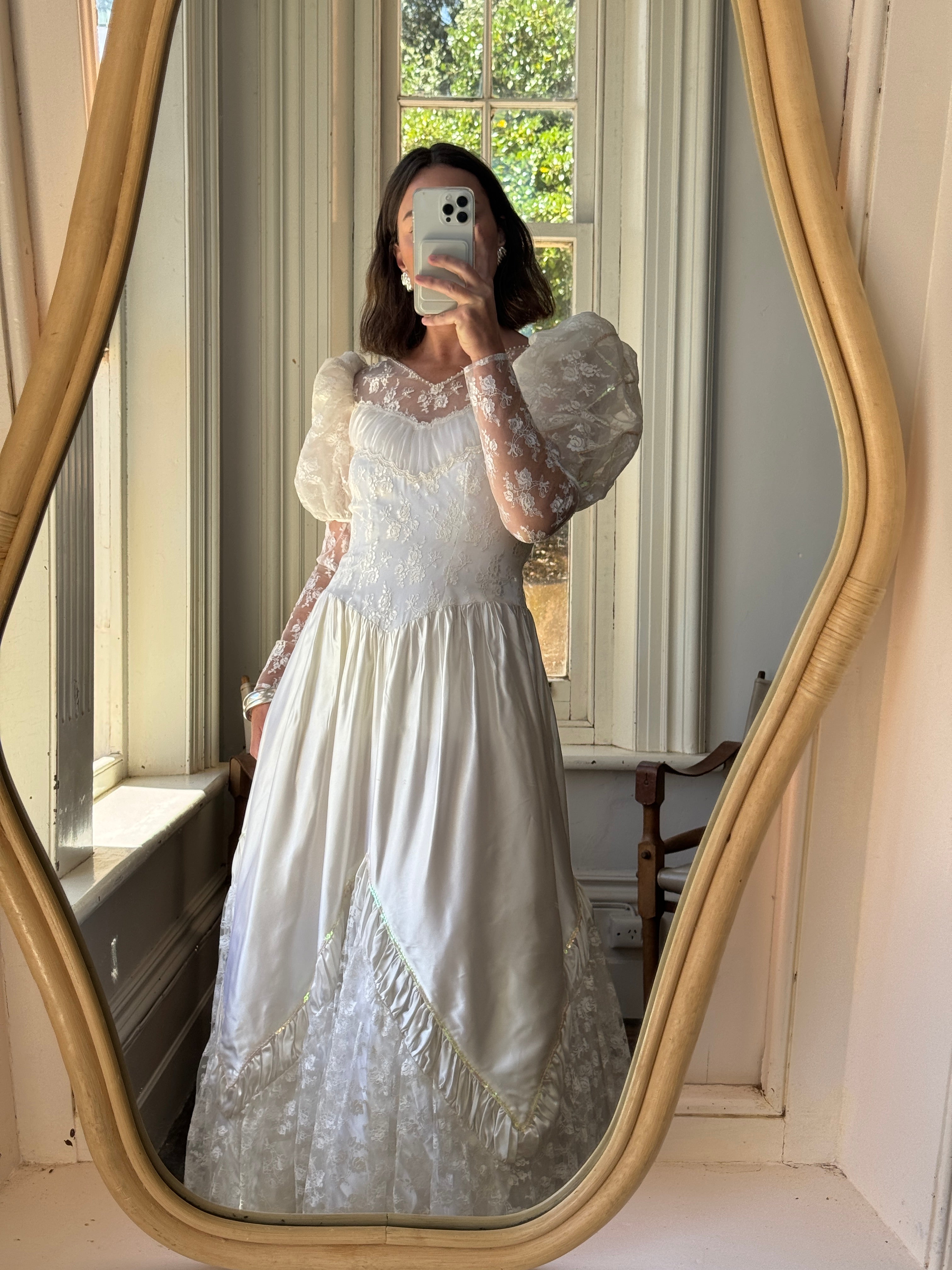 Vintage 80s Lace Satin Sequin Panelled Wedding Gown