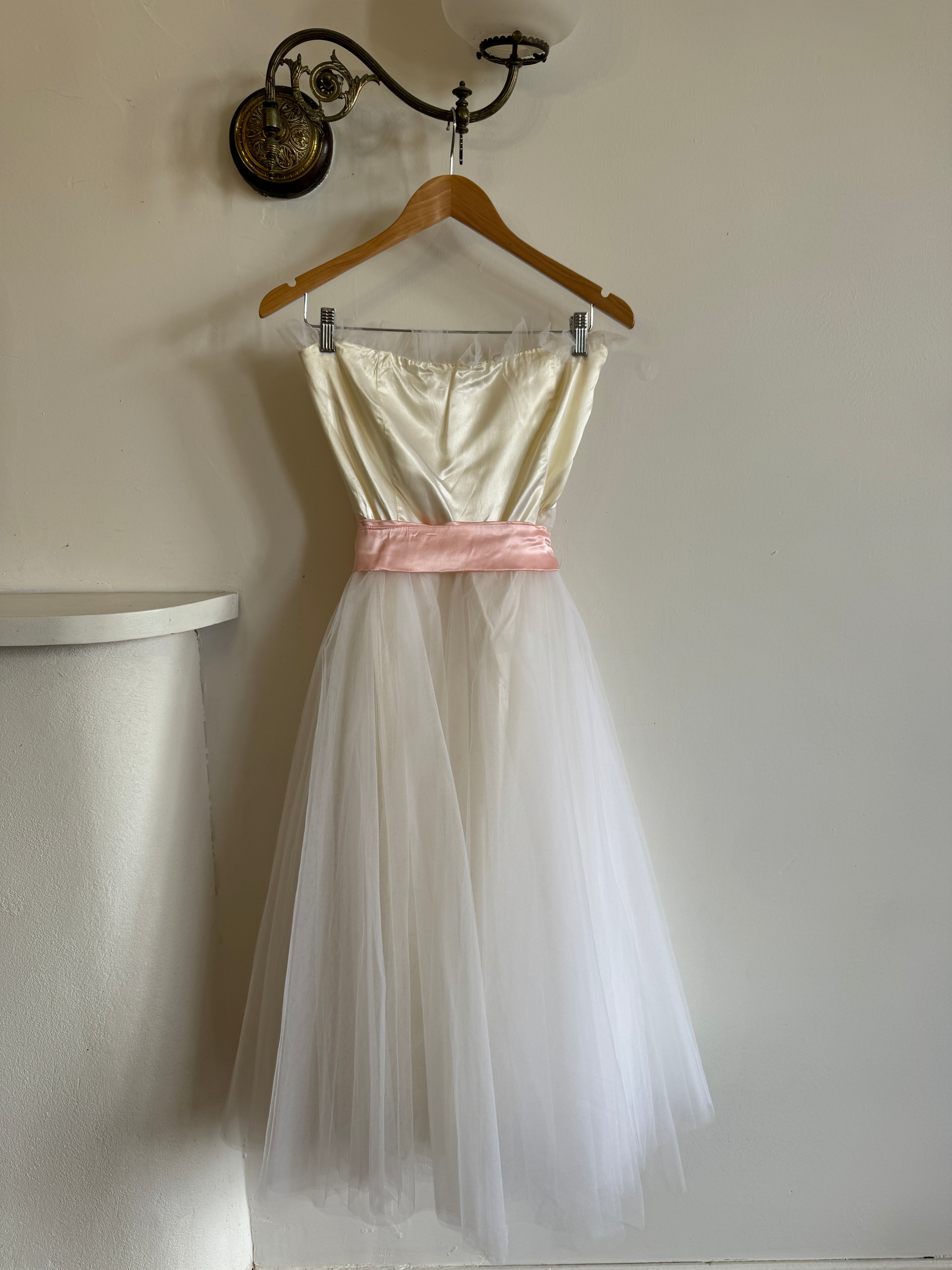 Vintage 80s Cupcake Tulle Dress With Salmon Waist Tie