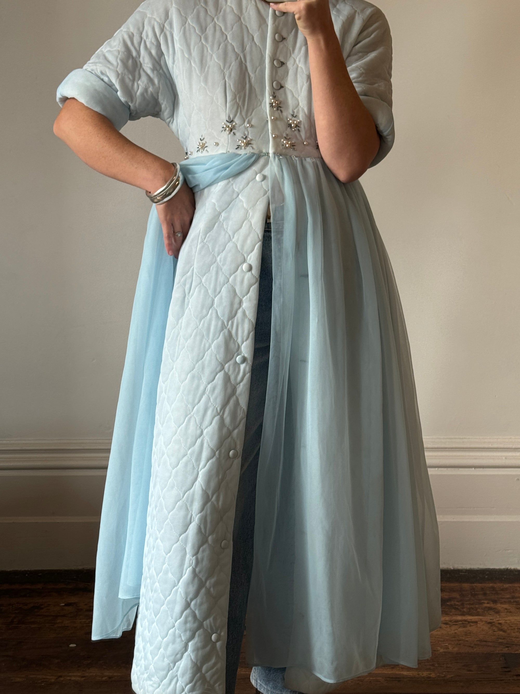 Vintage 50s Quilted Dress With Beading Baby Blue