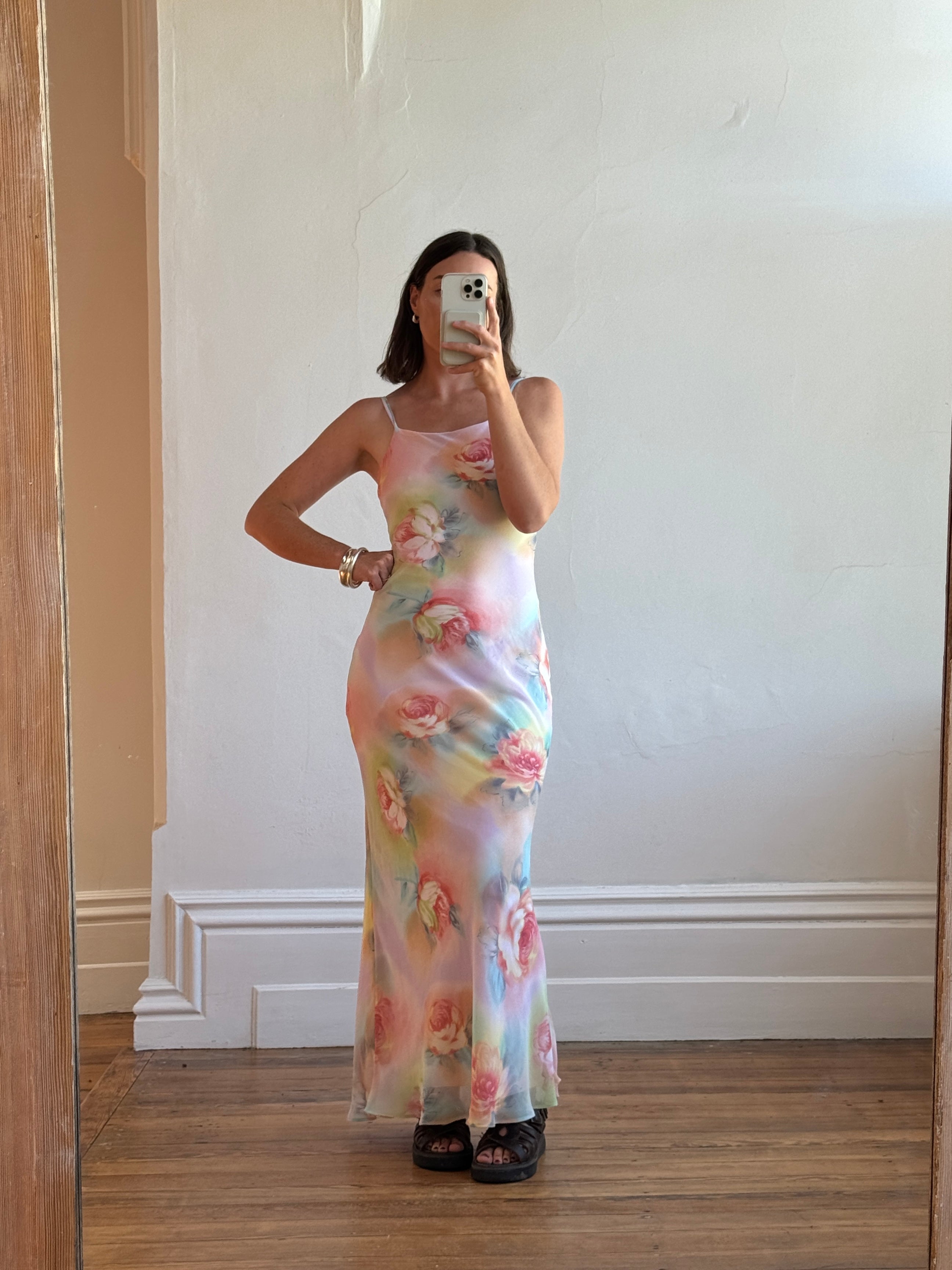 Vintage 90s Cloudy Floral Strappy Midi Dress
