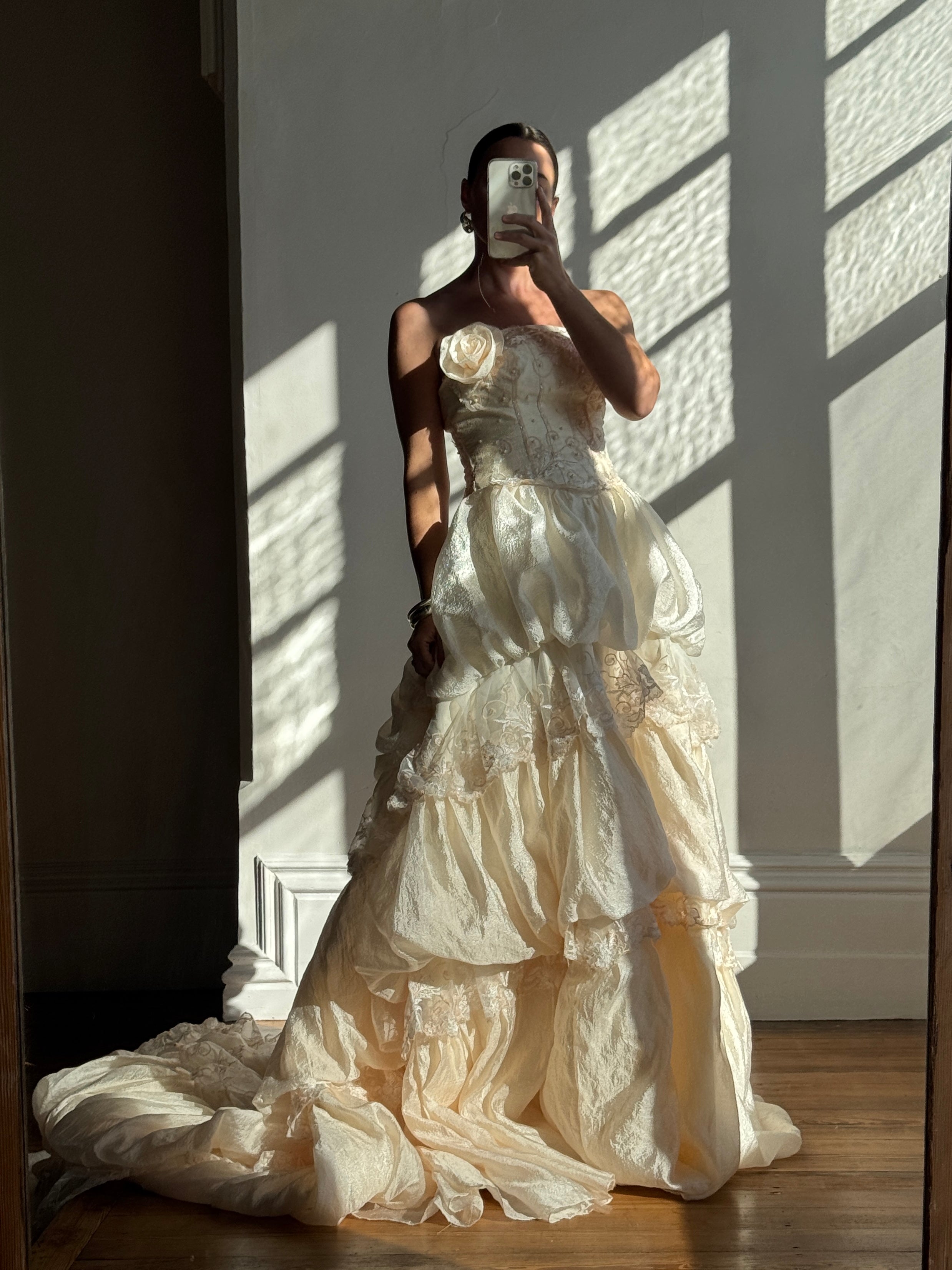 Vintage 90s Strapless Rosette Bubble Wedding Gown Peachy Creme
