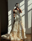 Vintage 90s Strapless Rosette Bubble Wedding Gown Peachy Creme