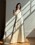 Vintage 90s Pure Silk Satin Baroque Scoop Neck Wedding Gown and Veil