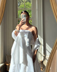 Vintage 90s A-Line Strapless Satin Wedding Dress with Shawl