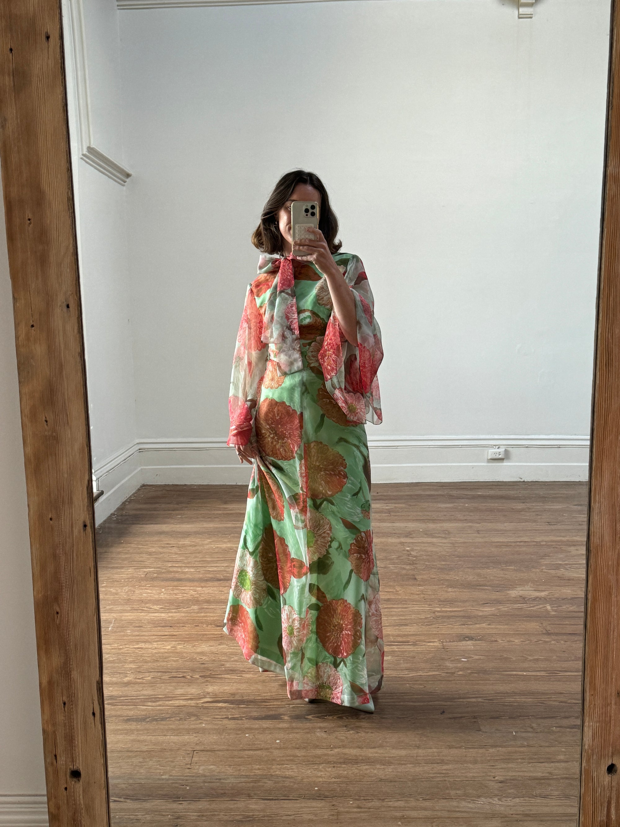 Vintage 70s Floral Belted Maxi Dress
