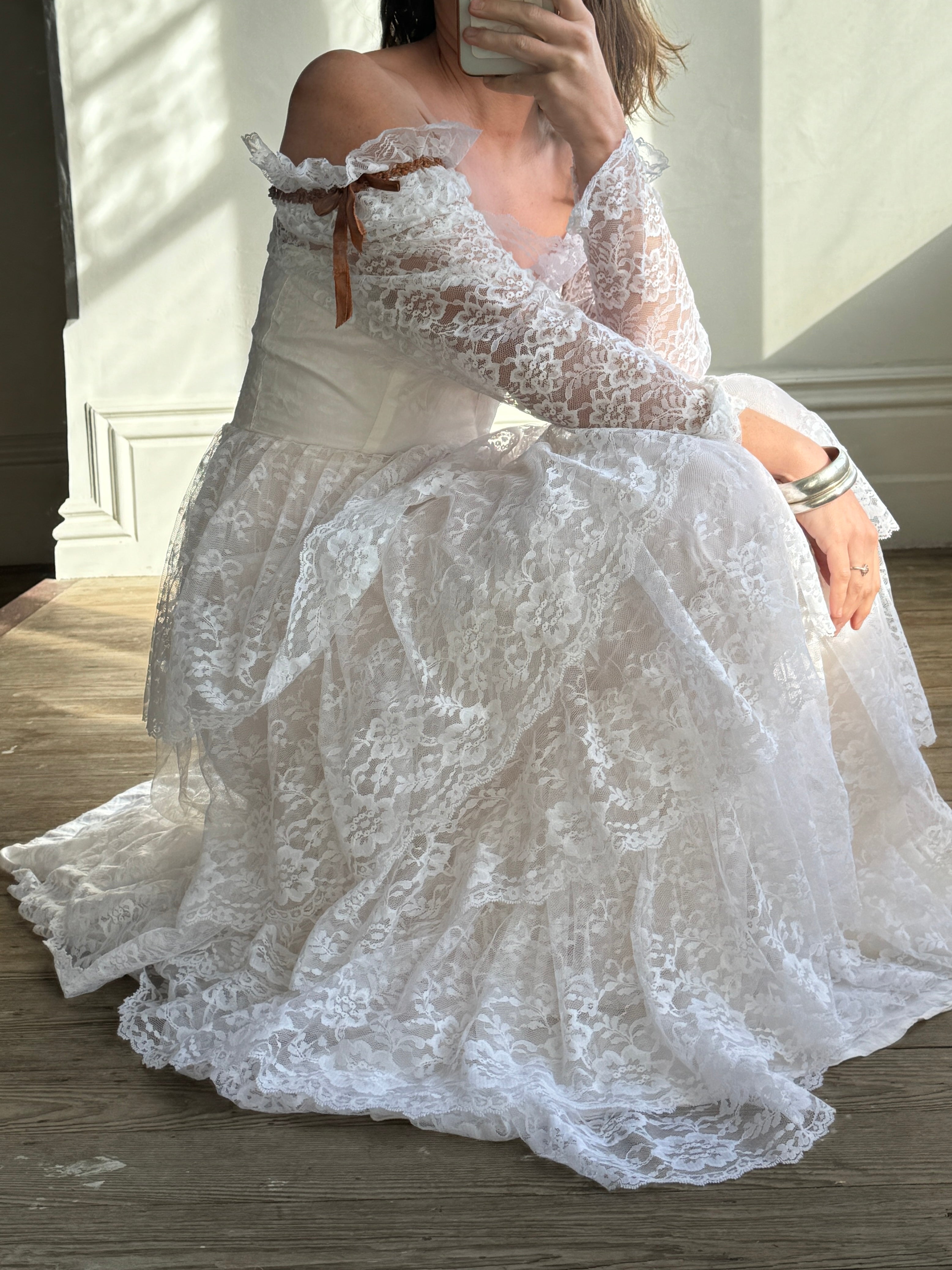 Vintage 70s Tiered Lace Wedding Dress with Brown Floral Embroidery – Call Me The Breeze Vintage 70s Tiered Lace Wedding Dress with Brown Floral Embroidery – Call Me The Breeze