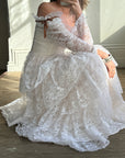 Vintage 70s Tiered Lace Wedding Dress with Brown Floral Embroidery