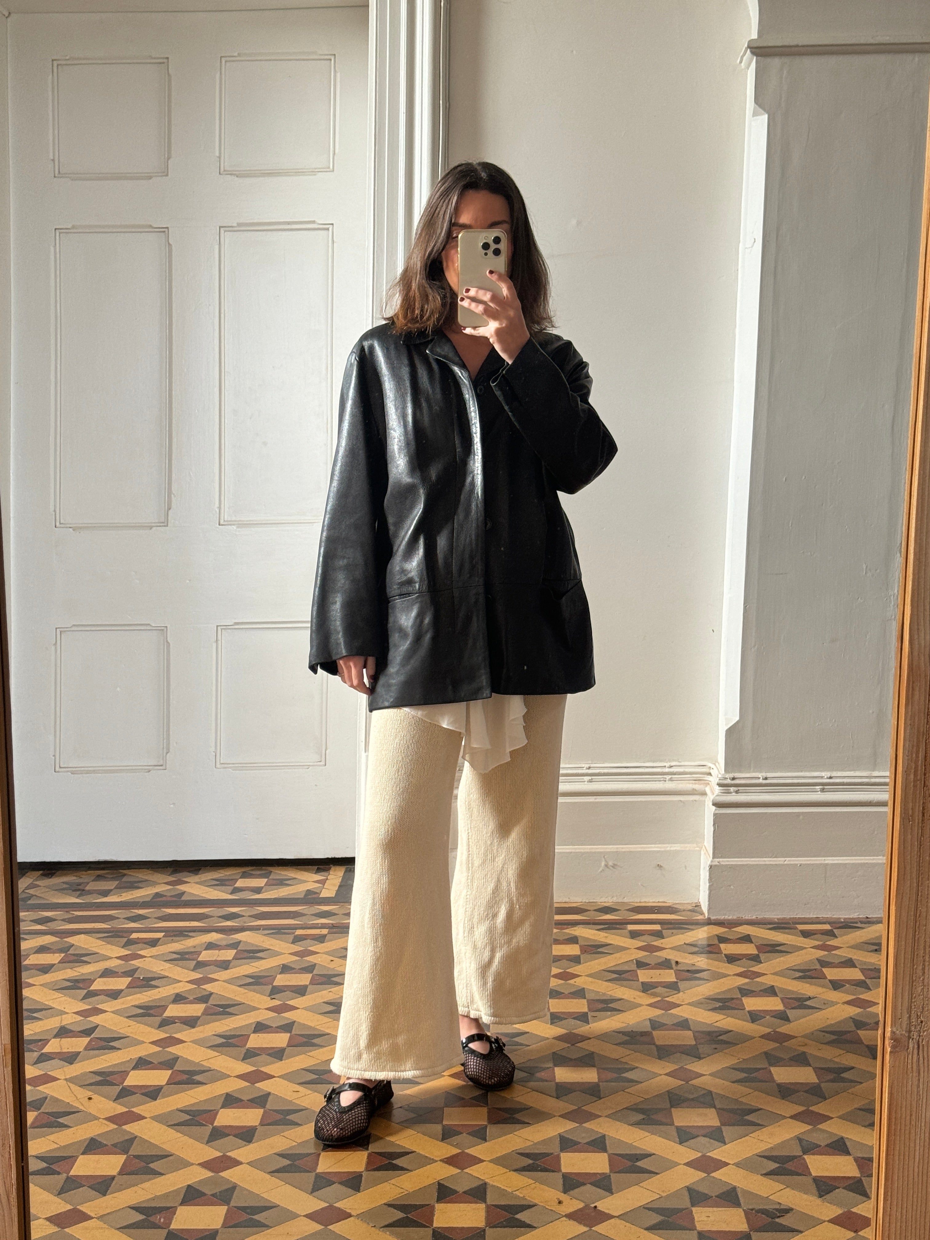 Vintage 90s Collared Leather Jacket Noir