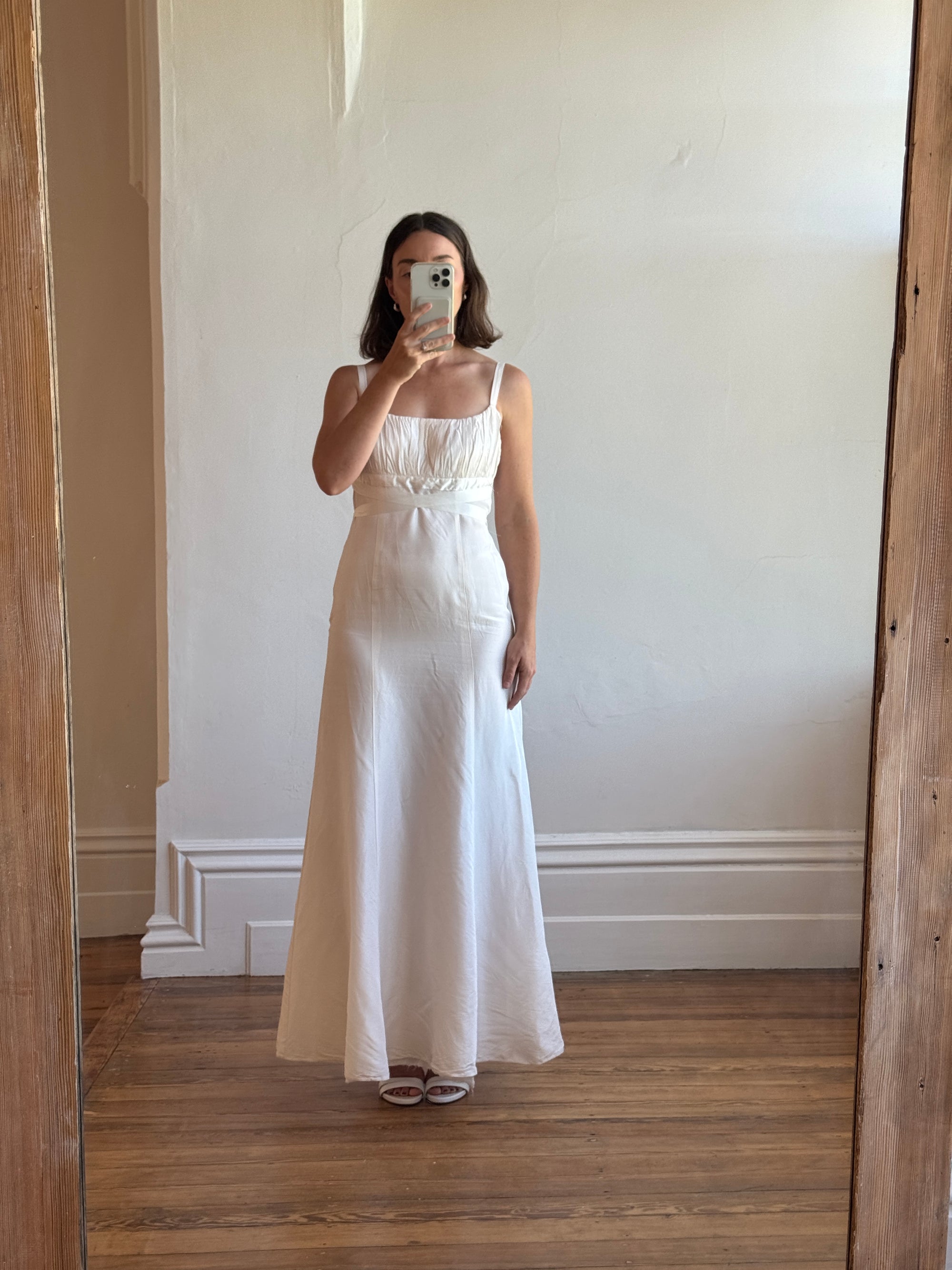 Vintage 90s Ivory Gathered Strappy Gown With Ribbon