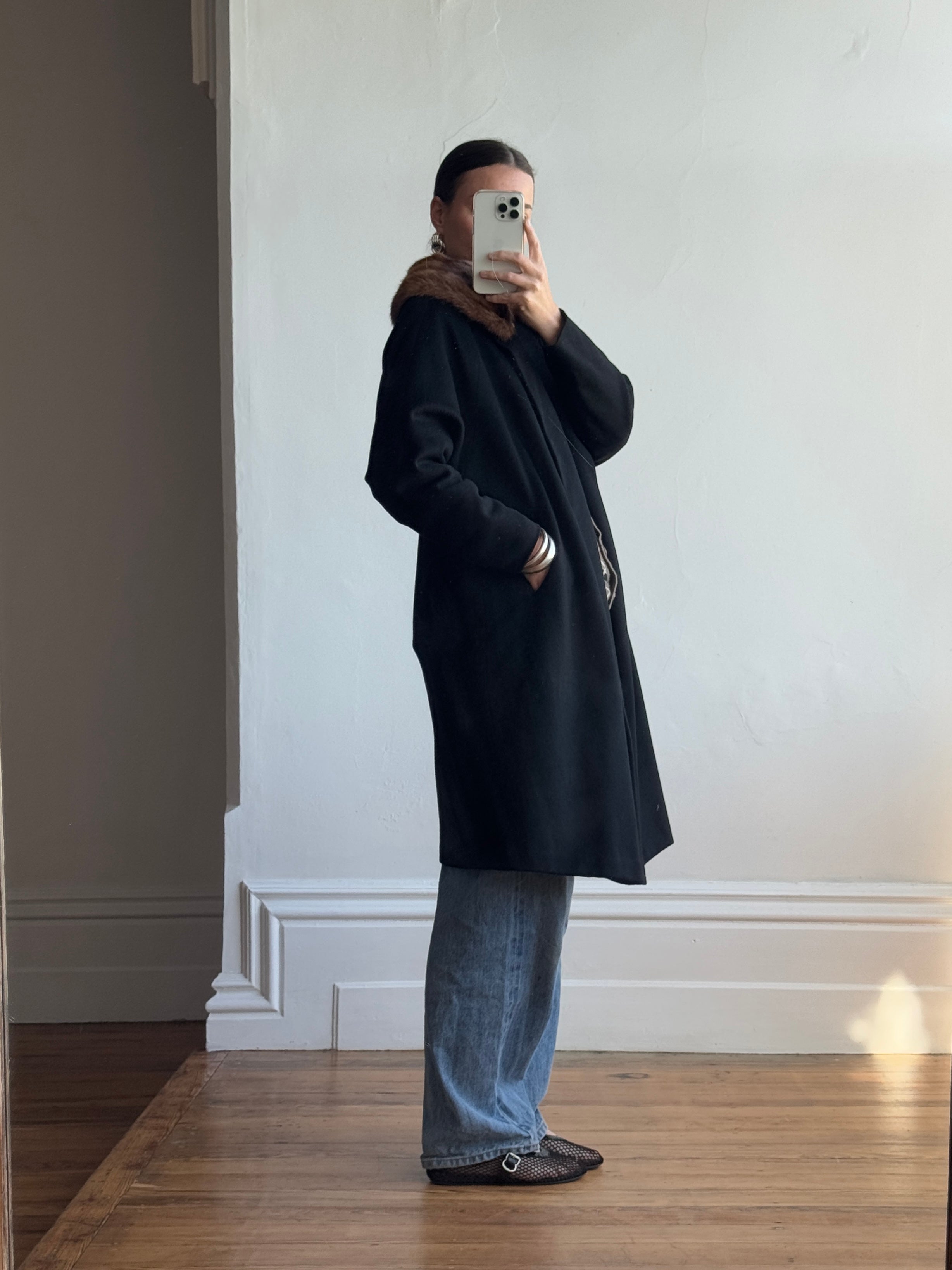 Vintage 60s Noir Pure Wool Mid Length Overcoat with Fur Collar