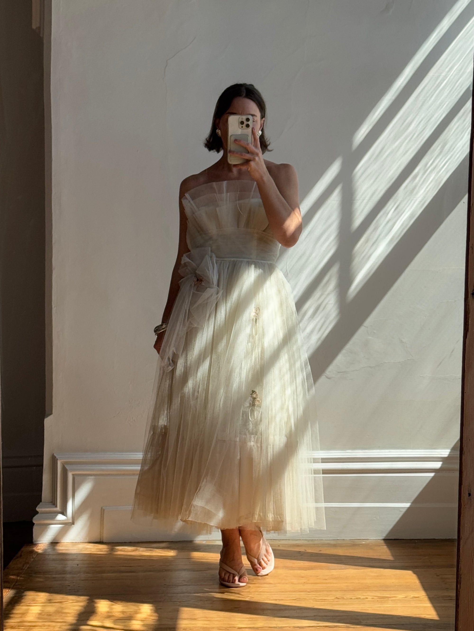 Vintage 50s Petite Bouquet Tulle Prom Dress Dusty Grey