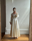 Vintage 70s Floral Satin Jacquard Wedding Dress Creme