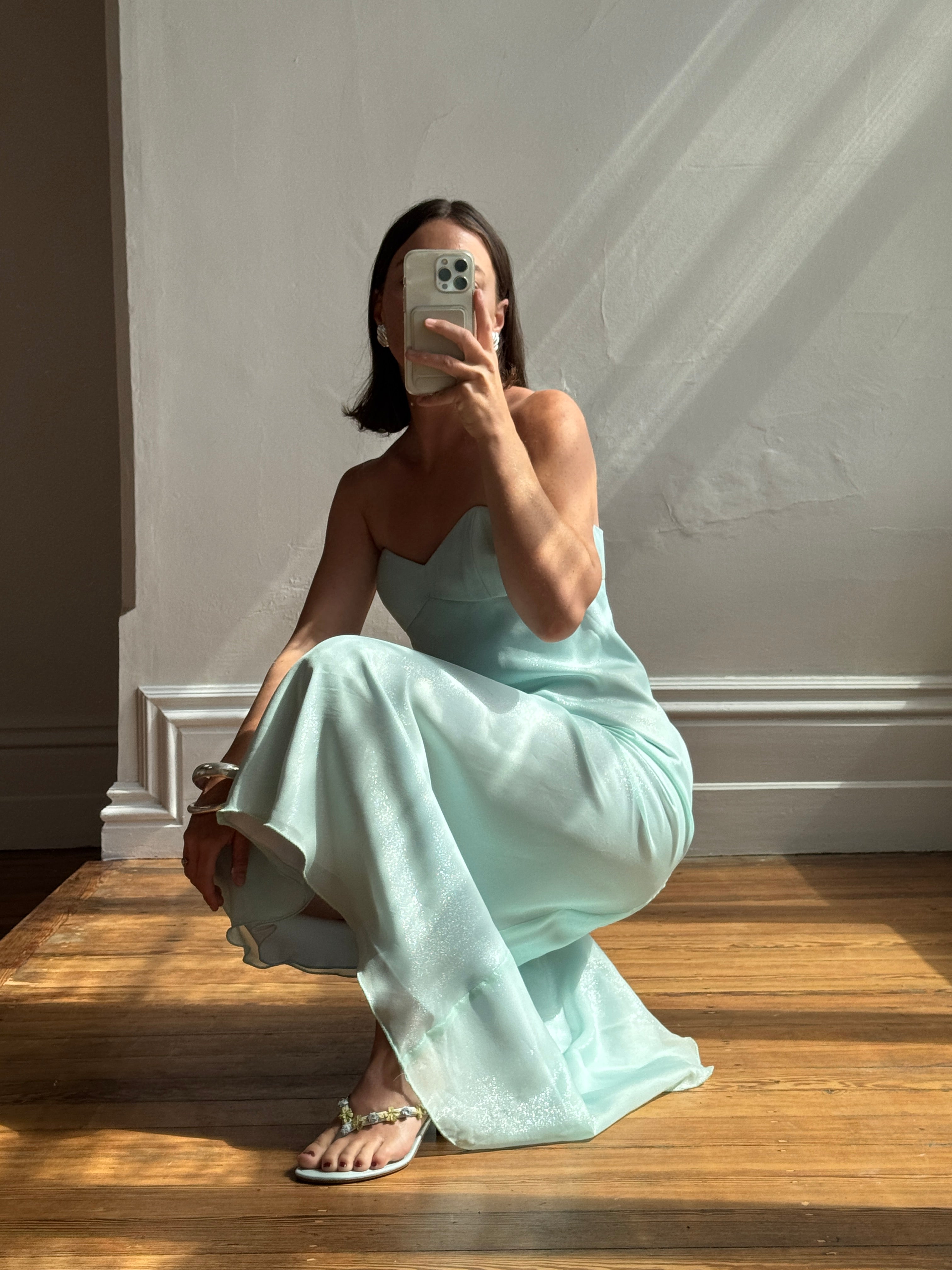 Vintage 90s Aqua Shimmer Strapless Gown