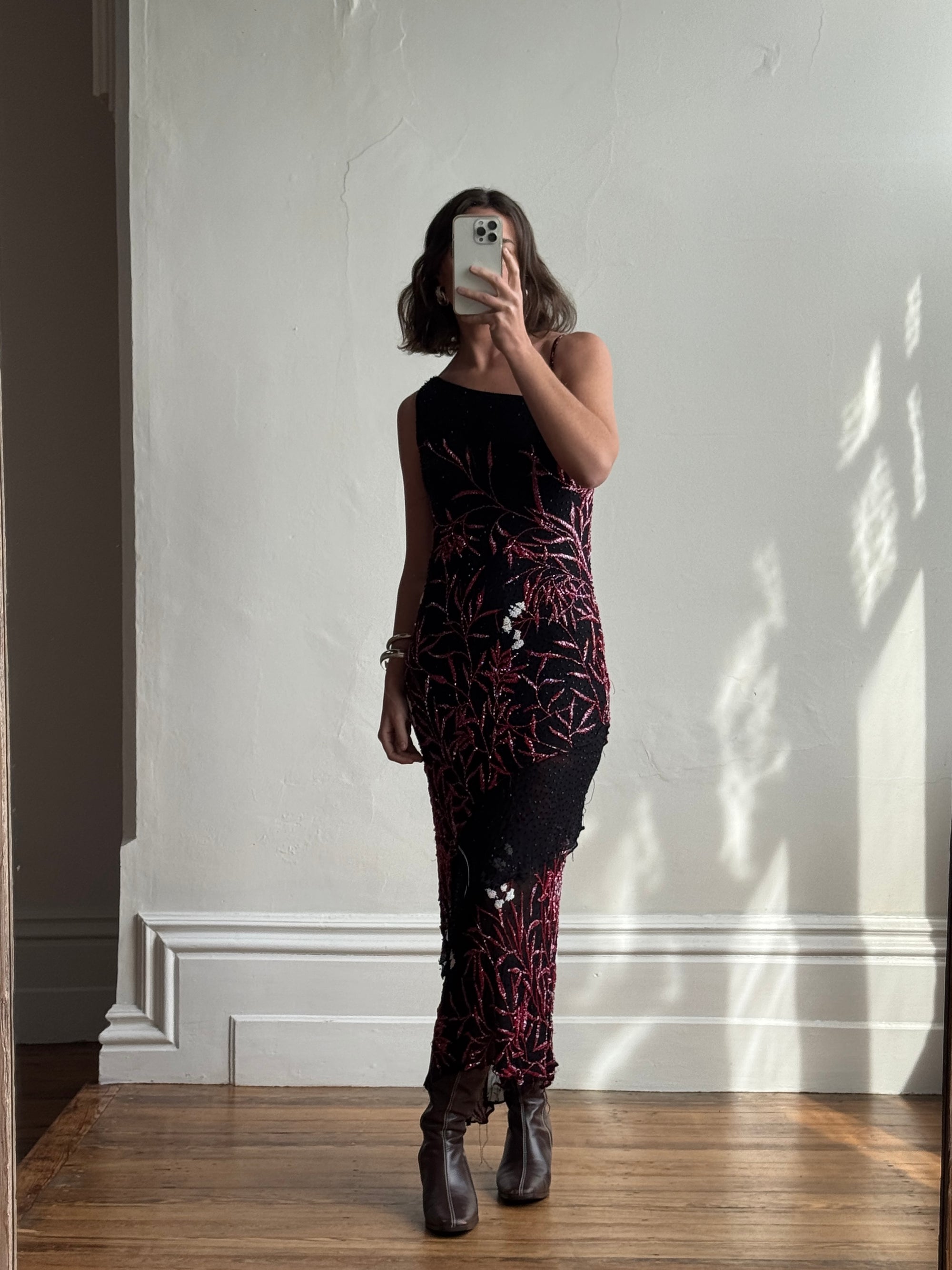 Vintage 90s Beaded Asymmetrical Evening Dress Red Vine