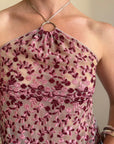 Y2K Sheer Pink Embroidered Halter Top with Silver Hardware