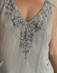 Vintage 90s Pure Silk Beaded V Neck Dress Light Grey