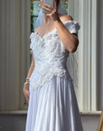 Vintage 80s 3D Floral Off Shoulder Bridal Gown and Veil
