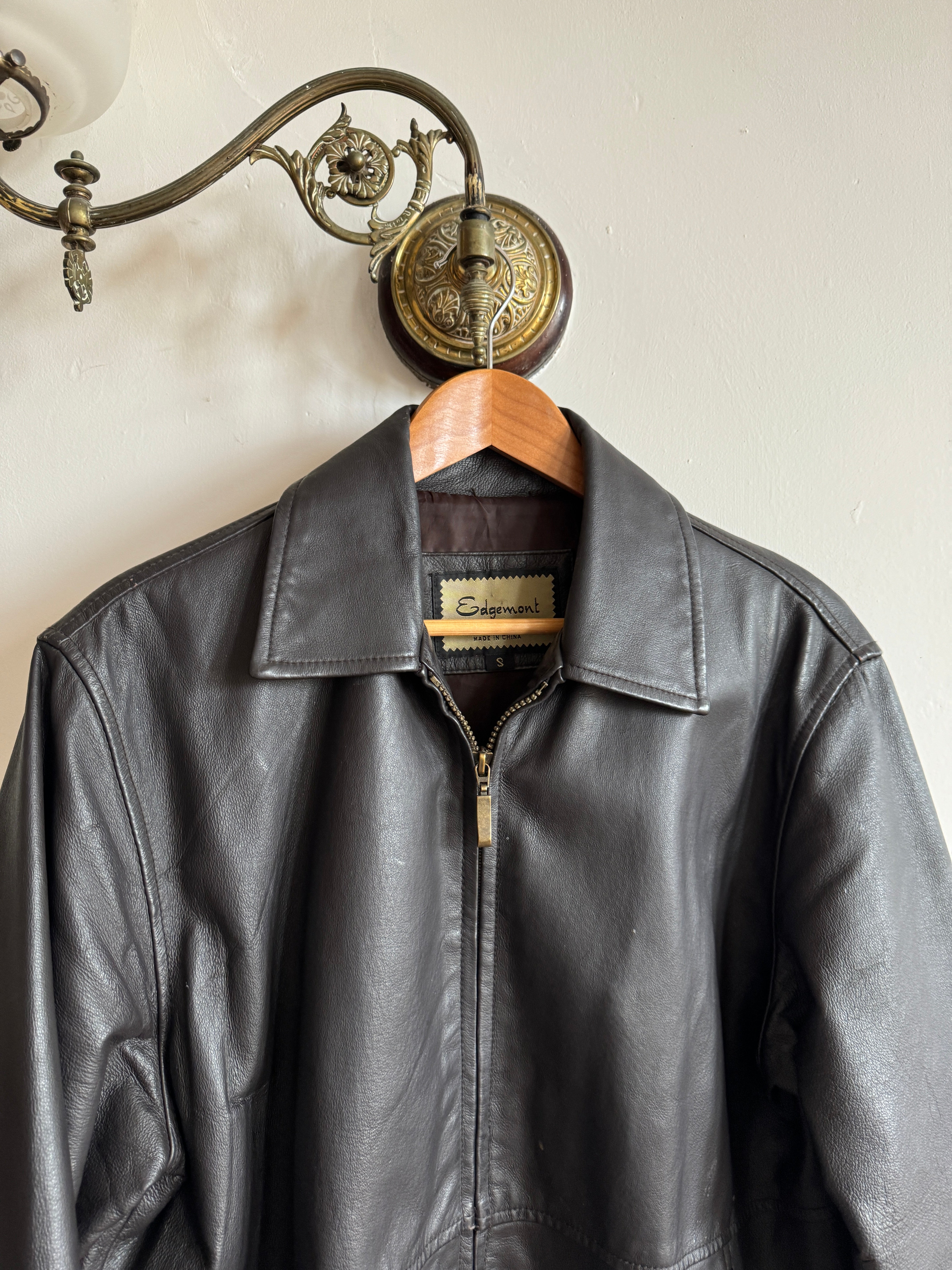 Vintage 90s Leather Zip Front Jacket Midnight Brown