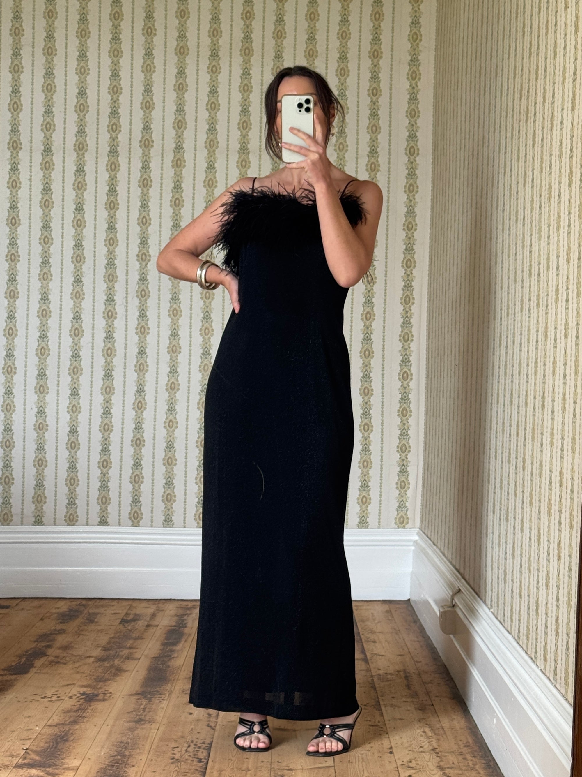 Vintage 90s Lurex Ostrich Feather Dress Noir