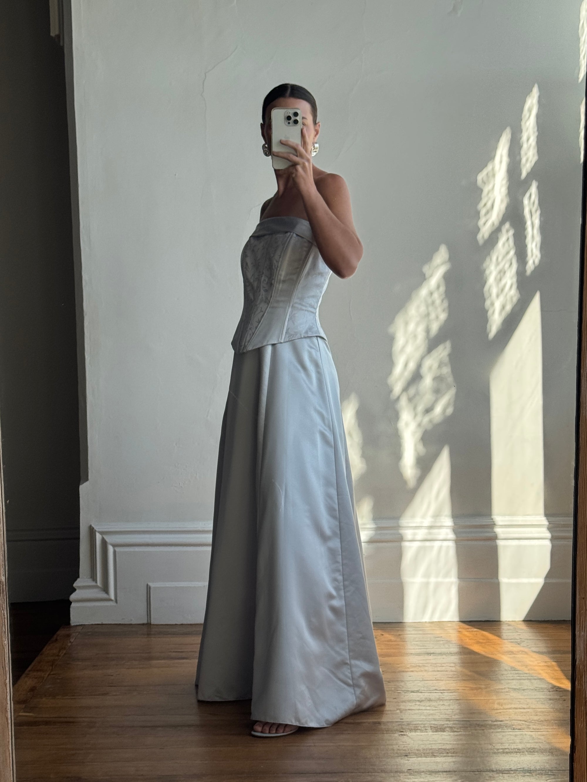 Vintage 90s Jacquard Corset Satin Dress Ice Blue