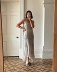 Vintage 90s Pure Silk Beaded V Neck Dress Light Grey