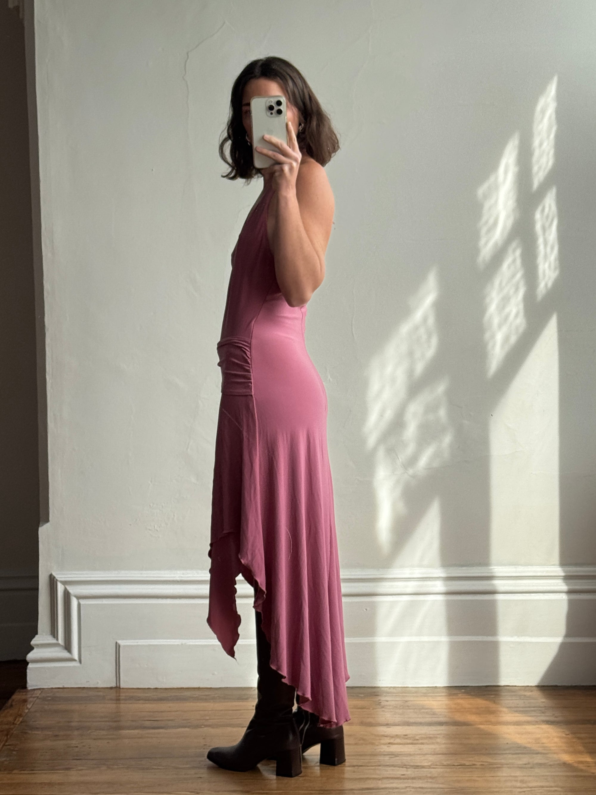 Vintage Y2K Australian Made Dusty Pink Jersey Dress With Silver Buckle