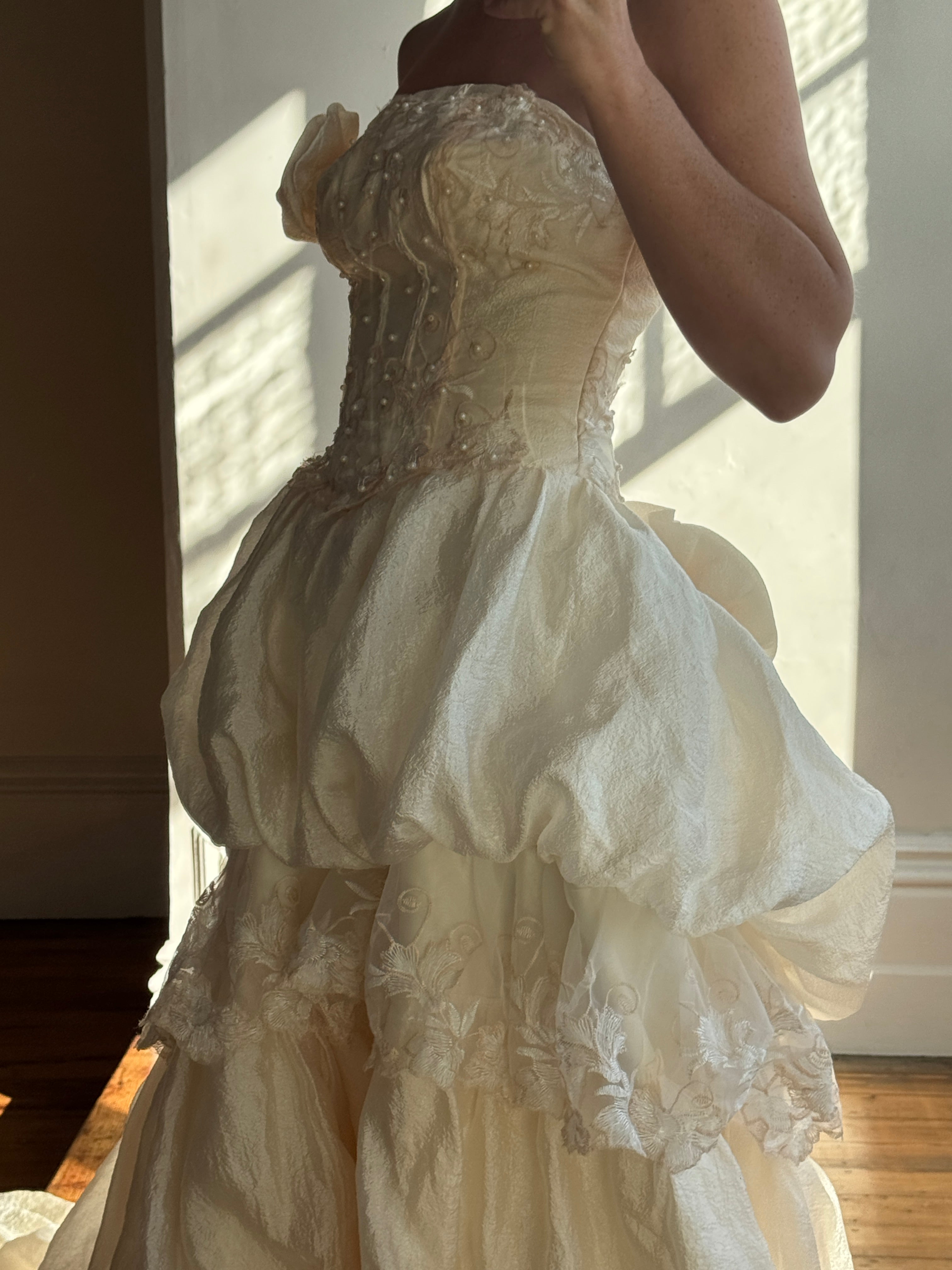Vintage 90s Strapless Rosette Bubble Wedding Gown Peachy Creme
