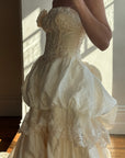 Vintage 90s Strapless Rosette Bubble Wedding Gown Peachy Creme