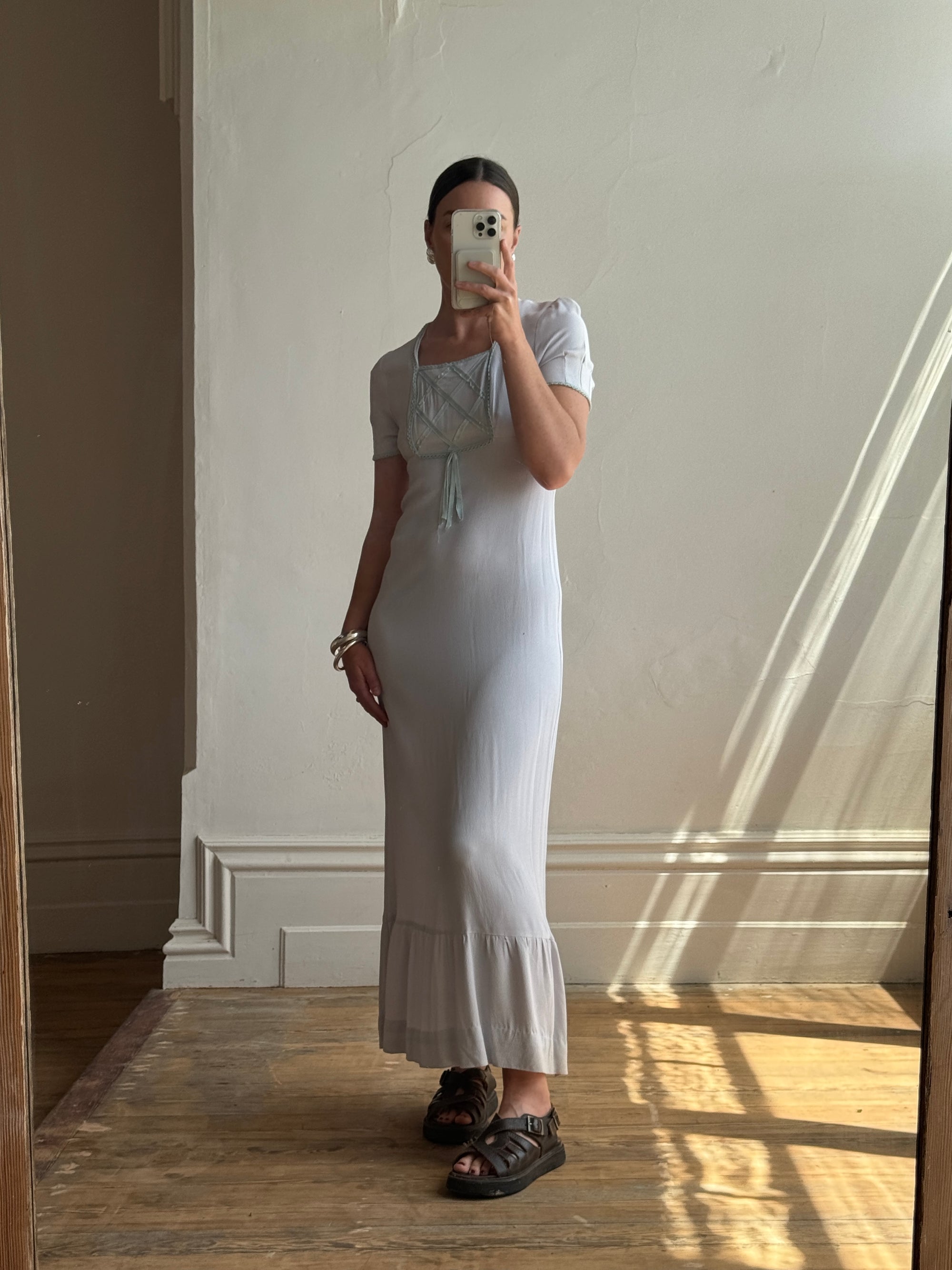 Vintage 70s Milkmaid Crepe Sundress Ice Blue