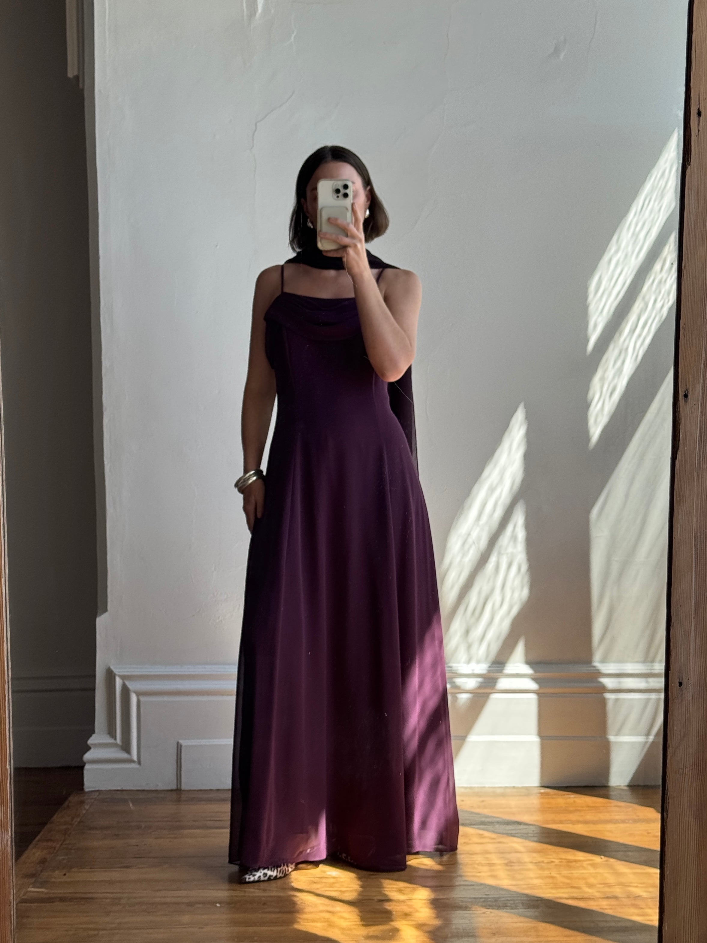Vintage 90s Eggplant Cowl Neck Dress With Scarf