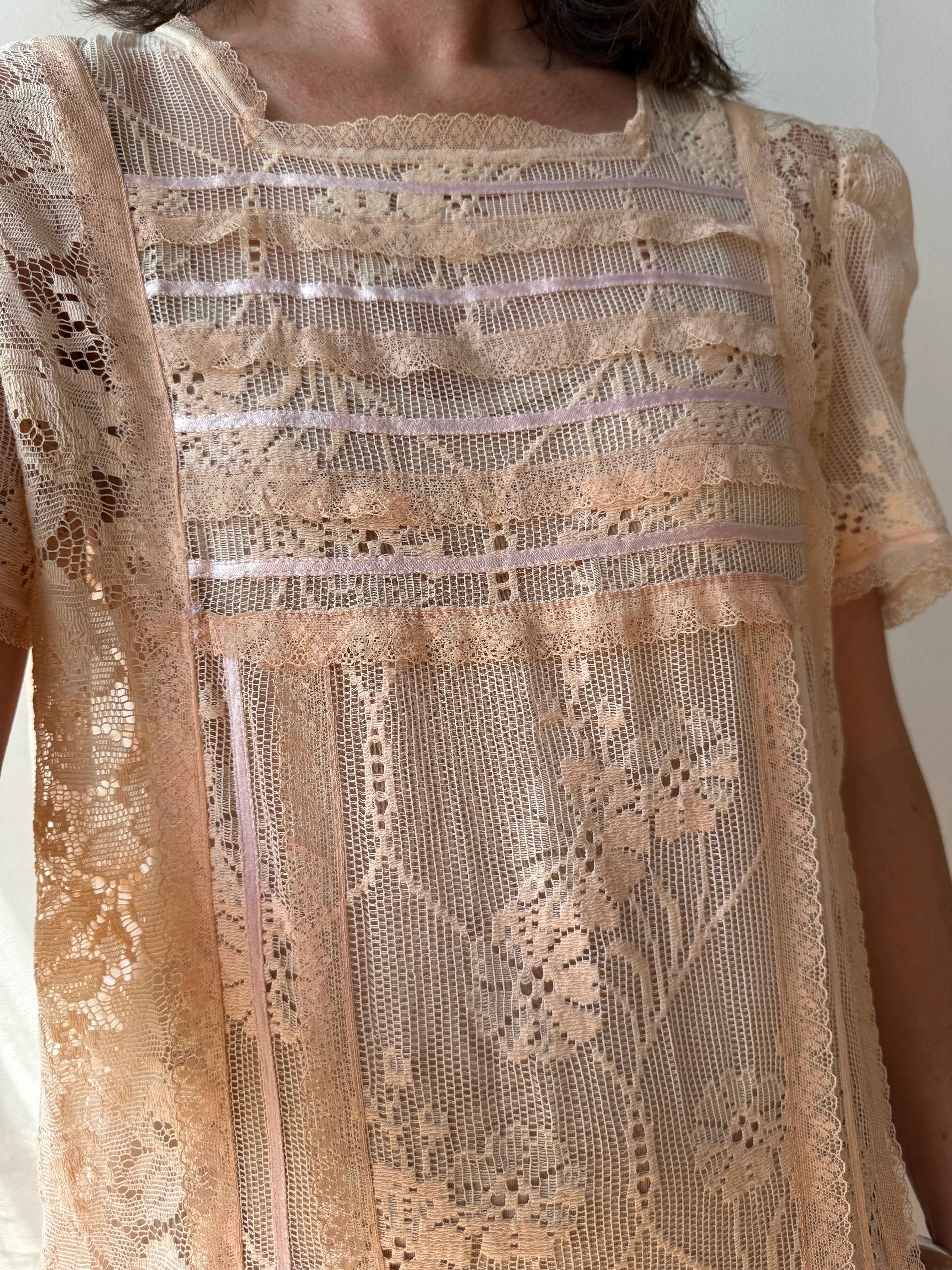 Vintage 70s Peach Cotton Lace Drop Waist Dress