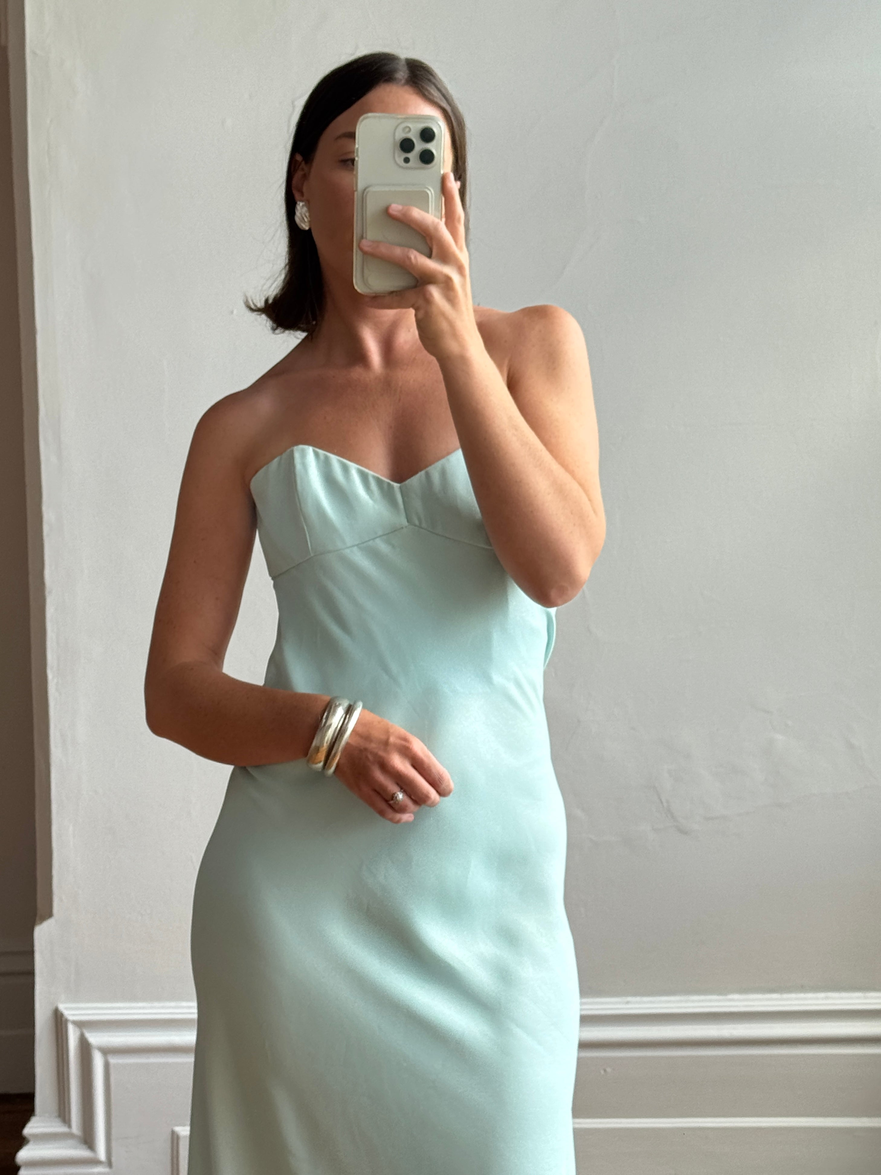 Vintage 90s Aqua Shimmer Strapless Gown