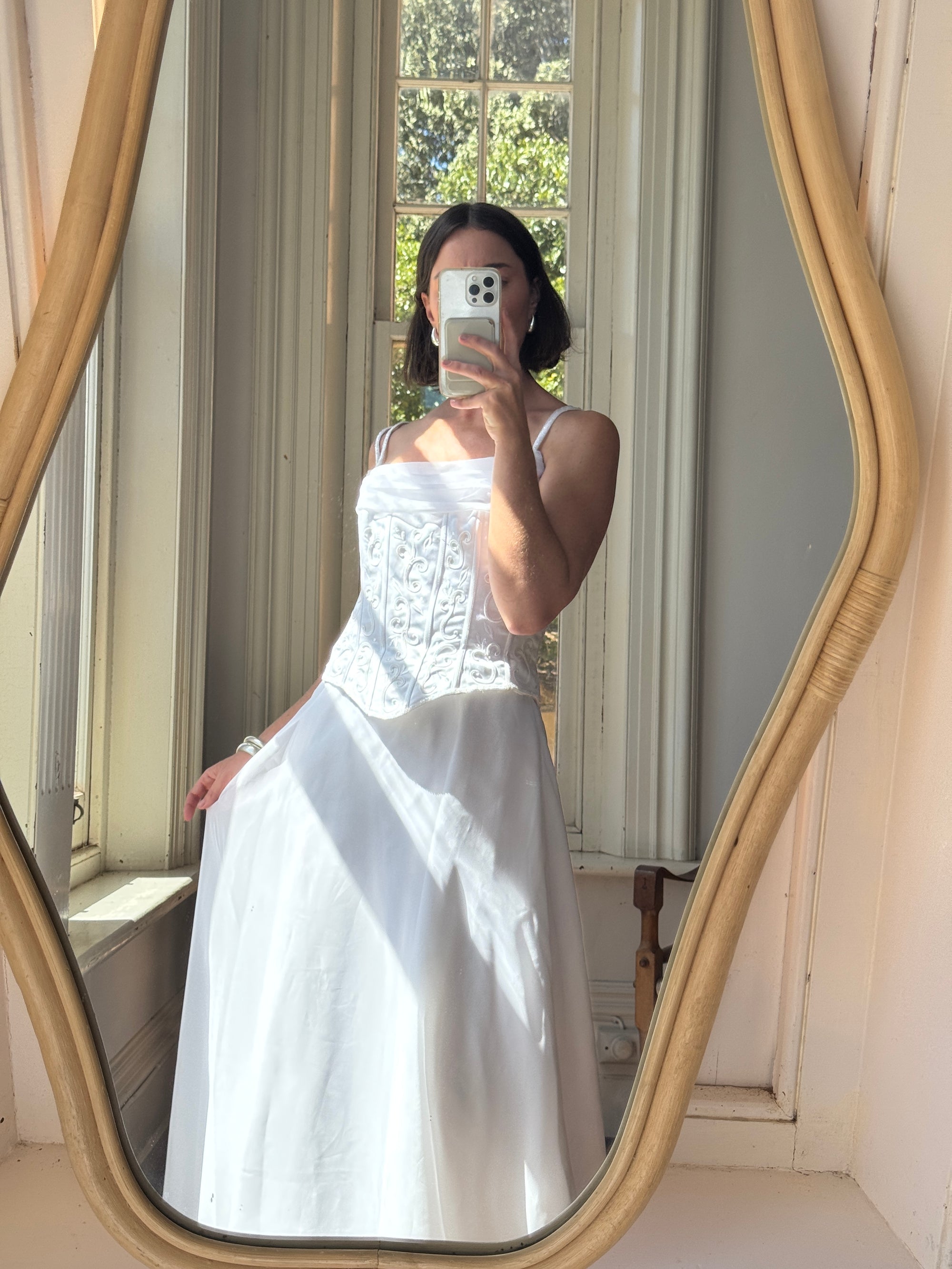 Vintage 90s Embroidered Corset Cowl Neck Wedding Dress