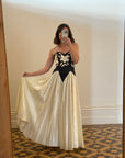 Vintage 90s Navy and Creme Satin Floral Gown