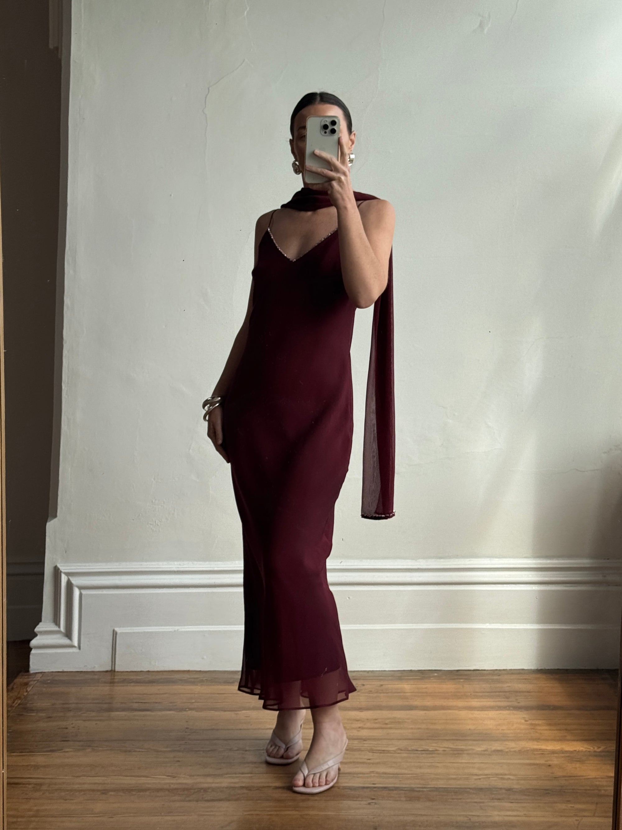 Vintage 90s Burgundy Slip Dress With Pink Sequins and Scarf