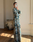 Vintage 70s Paisley Tapestry Long Sleeved Maxi Dress Blue