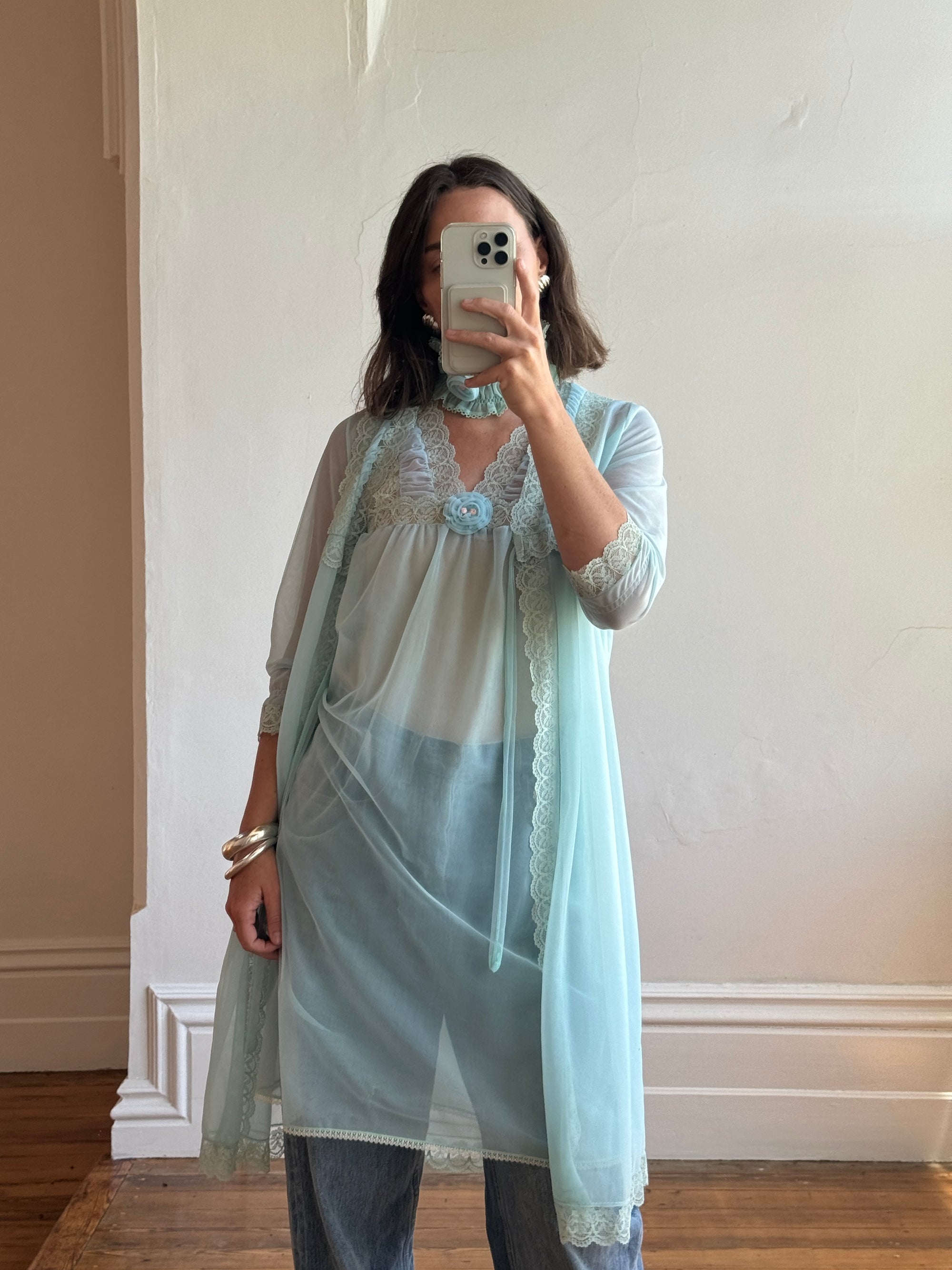 Vintage 50s 4-Piece Peignoir and Slip Set Aqua Lace Rosette
