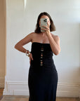 Vintage 90s Strapless Jersey Maxi Dress With Rhinestone Loops