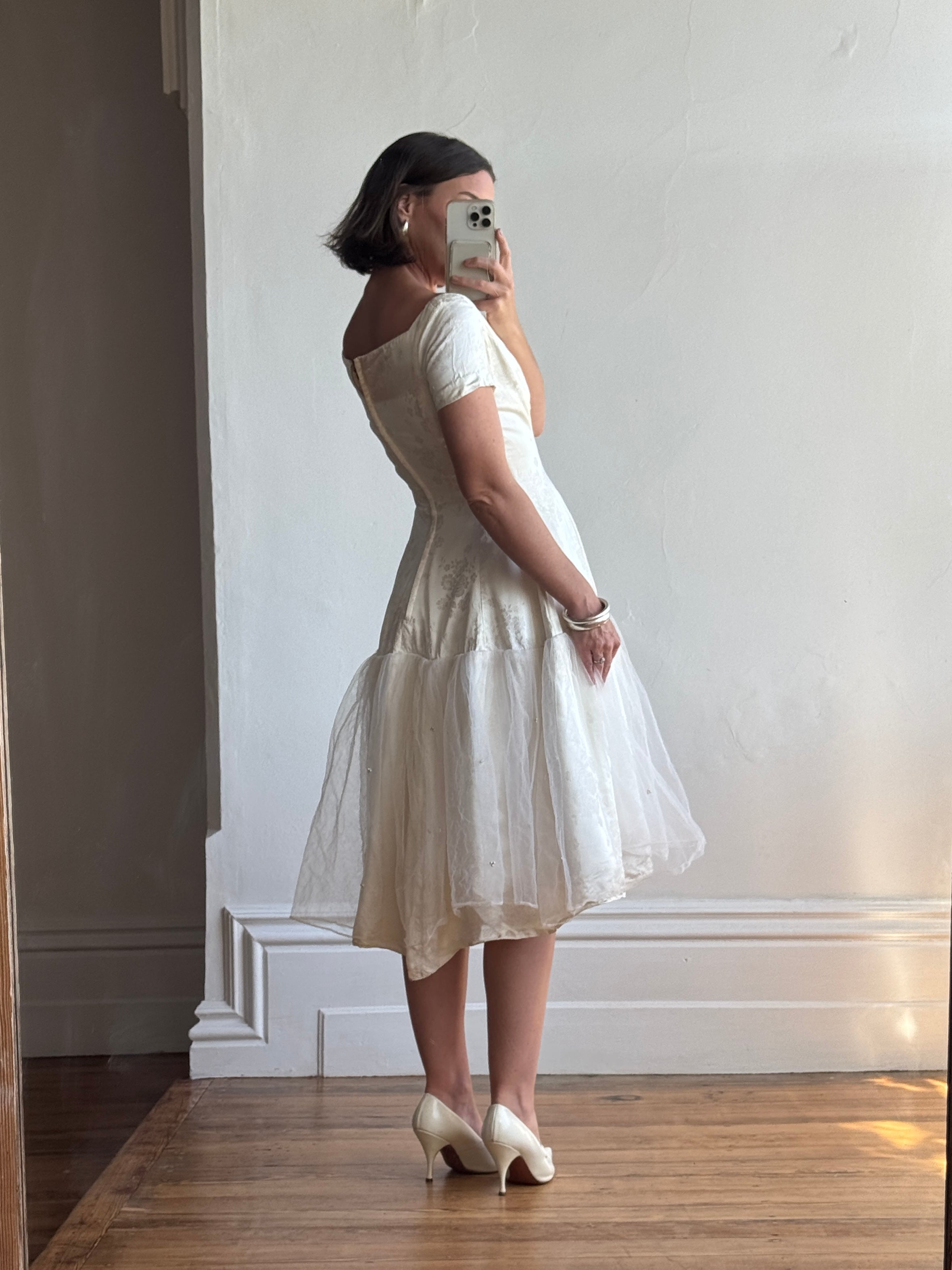 Vintage 50s Tea Length Jacquard Satin and Tulle Wedding Dress